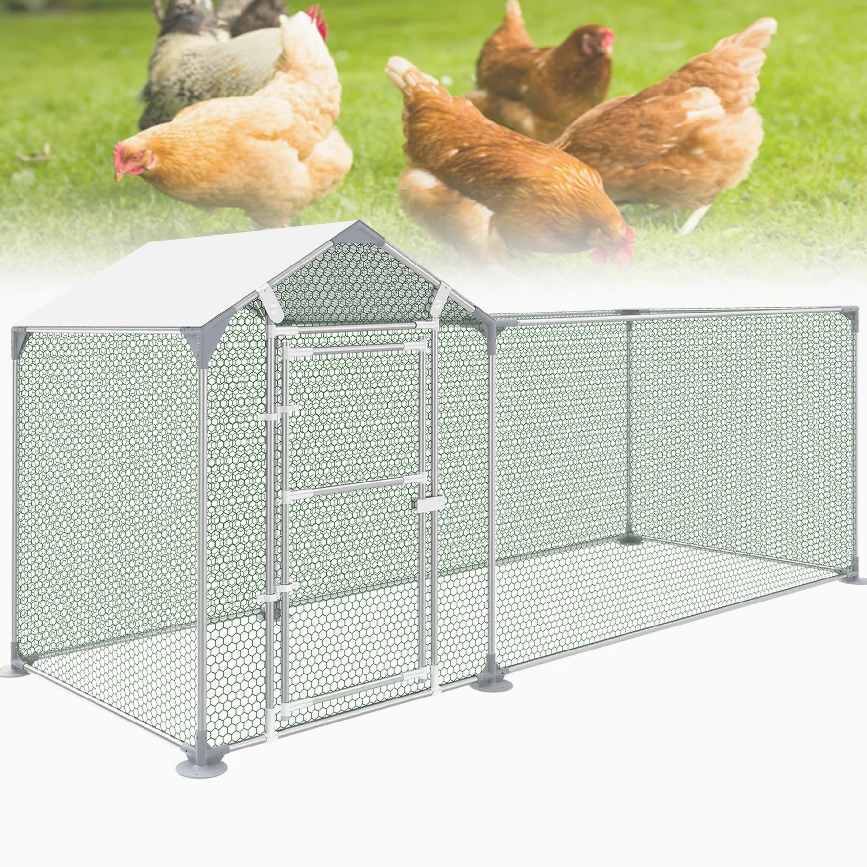 Gallinero de acero galvanizado, 3 x 1 x 1,5 m, con protección solar, techo, jaula para gallinas, cercado para gallinas, jaulas de aves de corral para gallinas, animales pequeños, aves de