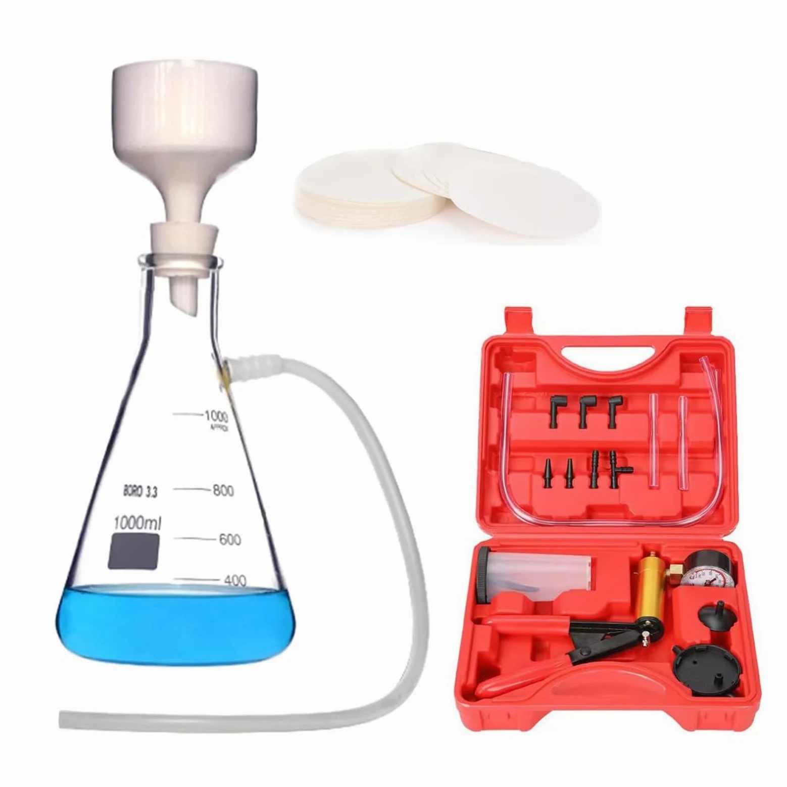 Kit de filtración al vacío para estudiantes - botella filtrante, embudo Büchner porcelánico y bomba metálica, seguro y premontado para laboratorios escolares y proyectos científicos(250ML)