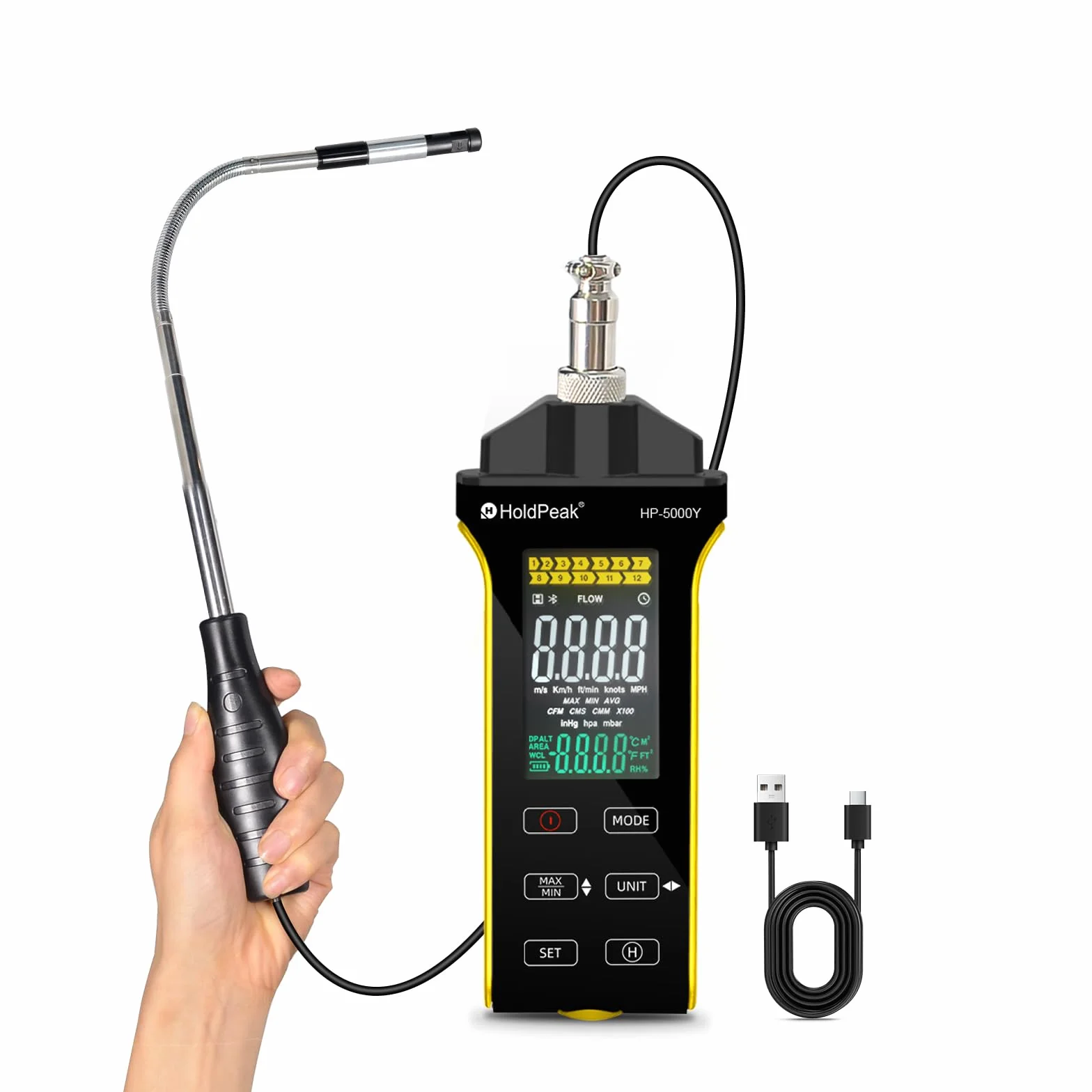 HOLDPEAK Anemómetro digital de alambre caliente CFM CMM medición temperatura sonda telescópica pantalla iluminada USB