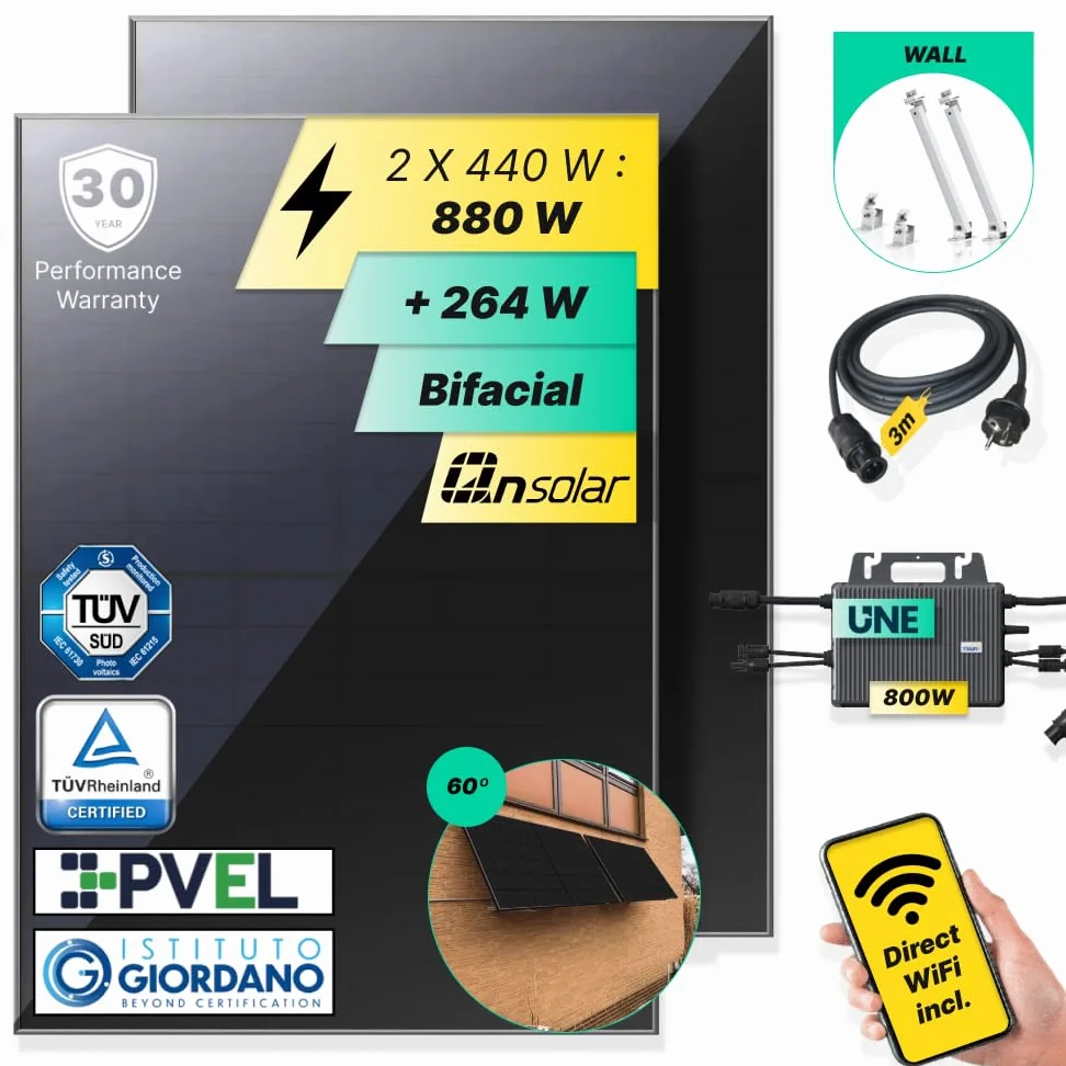 ROBINSUN® Kit Solar Enchufable Performance Wall 880 Wp, 2 paneles QN 440Wp + 1 Microinversor 800W con Wifi incluído + Cable 3m + 2 Fijaciones 10º a 60º