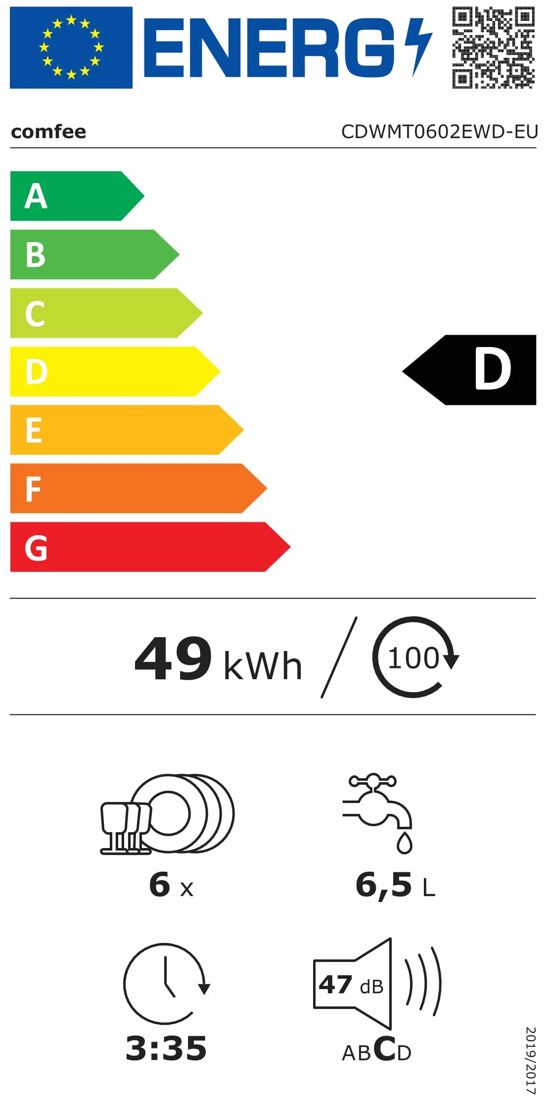 COMFEE' CDWMT0602EWD-EU Lavavajillas de Sobremesa Compacto 6 Cubiertos 6 Programas Clase D Pantalla LED 24H Inicio Diferido 70°C 47 dB Blanco