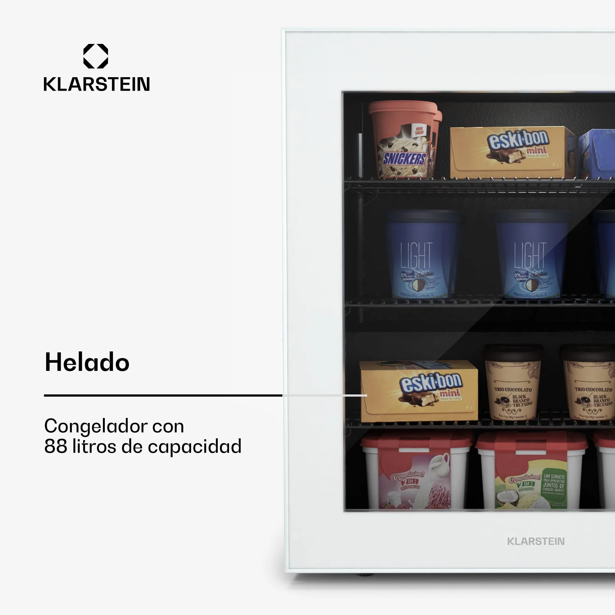 Klarstein IceAge 88 Congelador Pequeño 88L Temperatura Ajustable 0 a -18°C Puerta de Cristal Iluminación Led 3 Estantes Eficiencia Energética E Blanco