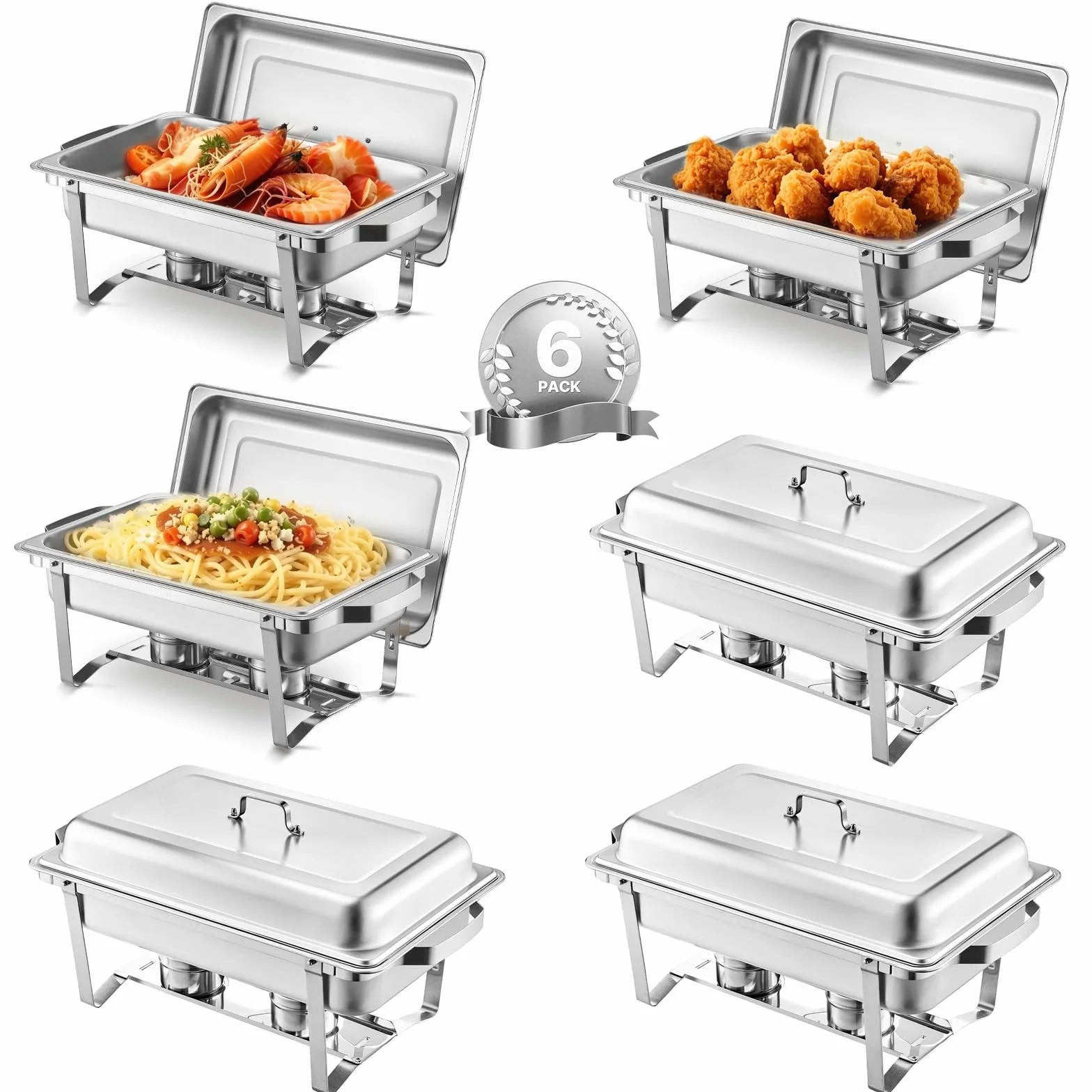 VEVOR Plato para Calentar Alimentos Acero Inoxidable con 6 Sartenes de Tamaño Completo(7,5 L), Rectangular, para Catering con Tapa y Soporte para Bandeja de Agua y Depósito de Combustible, Plata