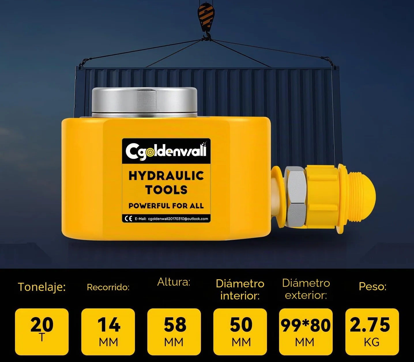 CGOLDENWALL Gato Hidráulico 20T con Bomba CP-180, 14mm Carrera, 58mm Altura Propia, Área Efectiva 33.16cm², para Maquinaria de Construcción (FPY-20T+CP-180)