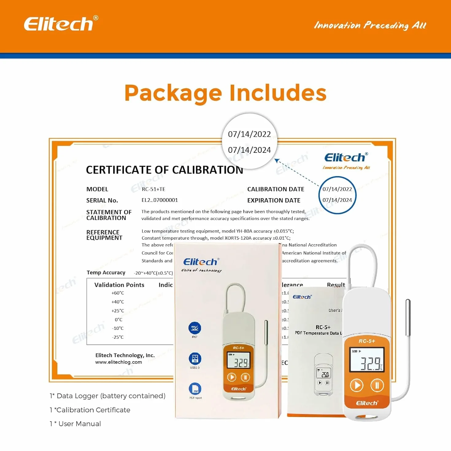 Elitech RC-5+TE Registrador de Datos de Temperatura USB, Alta Precisión, 32000 Puntos, PDF&CSV