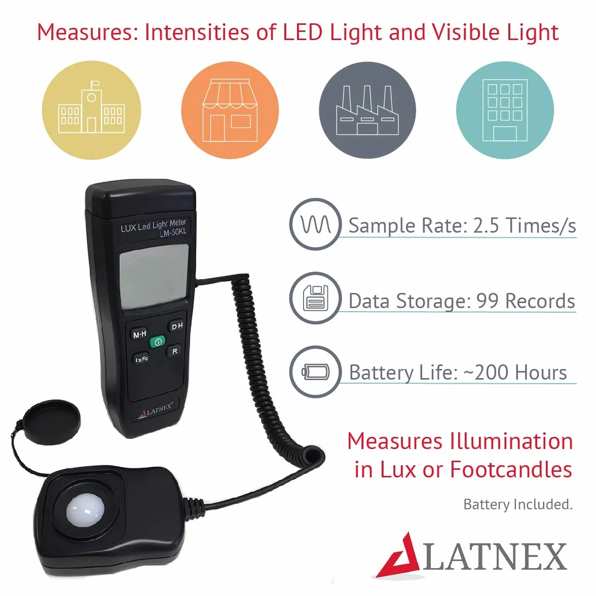 Medidor de luz LM-50KL mide Lux/Fc - LED/Fluorescente, Industrial, Hogar y Fotografía - Certificado de calibración incluido