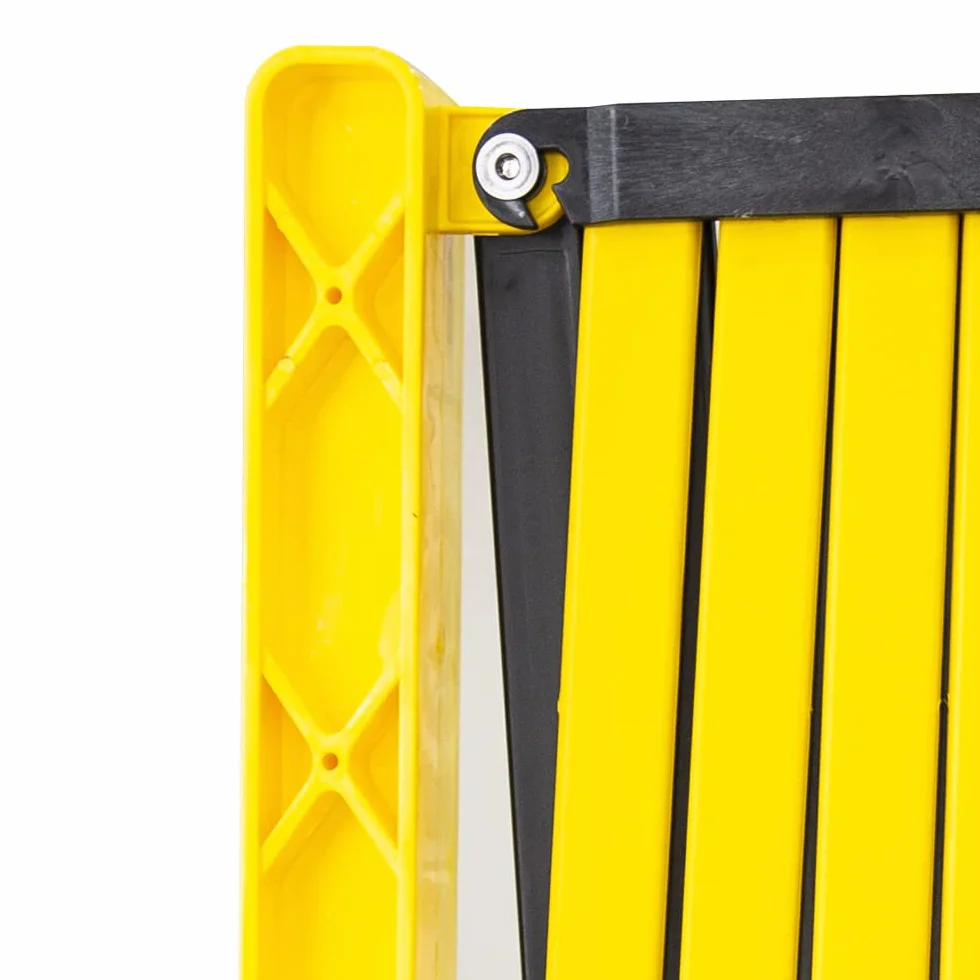 Barrera de seguridad plegable amarilla - 350 cm | Barricada extensible de plástico para seguridad peatonal | Valla de barricada móvil portátil con 4 ruedas