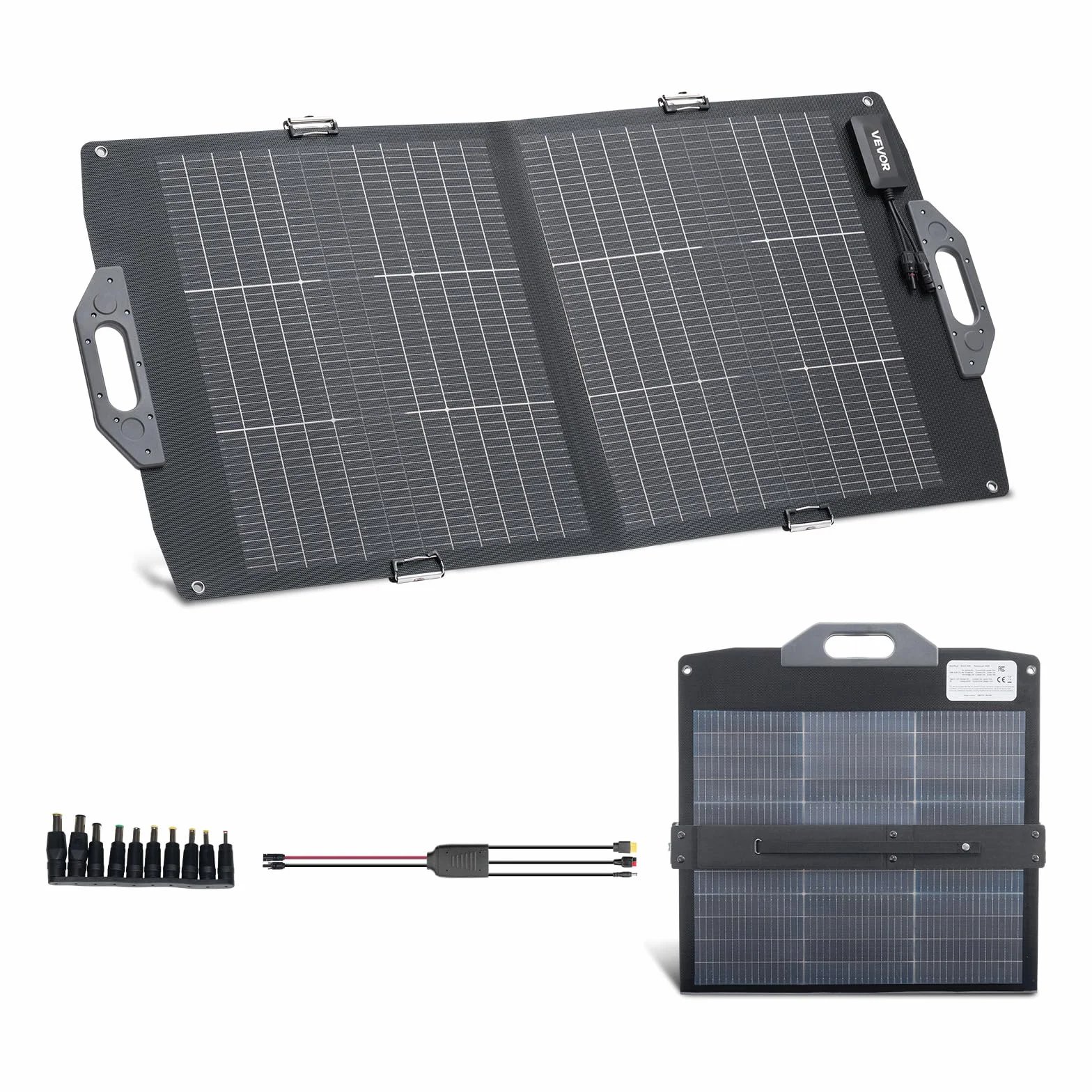 VEVOR Placa Solar Plegable 100W, Panel Solar Portátil con Célula Fotovoltaica Bifacial, Salidas de USB MC4 DC, IP65 Impermeable, Compatible con Estaciones de Energía Autocaravanas Acampada Viajes