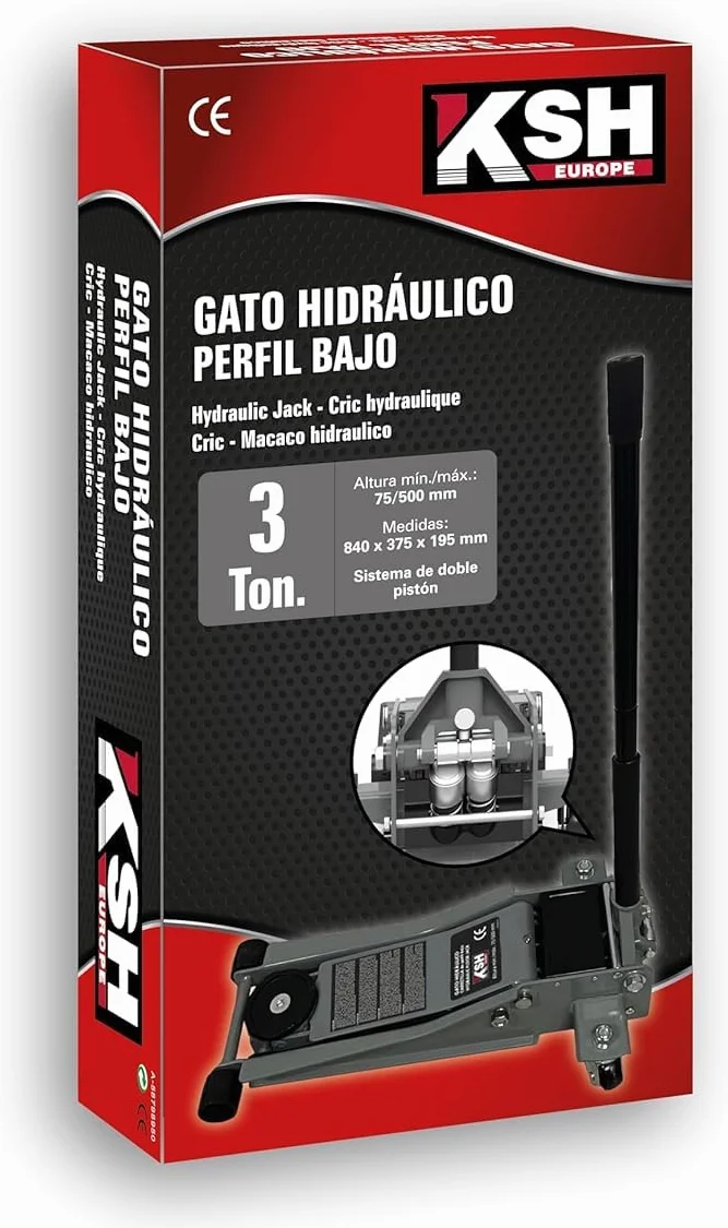 Gato de Carretilla 3000 Kg + Juego 2 Caballetes 3 T Gato Extraplano Profesional Bajo Perfil de 3000 Kg (3 T). Doble Bomba y Doble Velocidad de Subida + Caballetes de 3 T