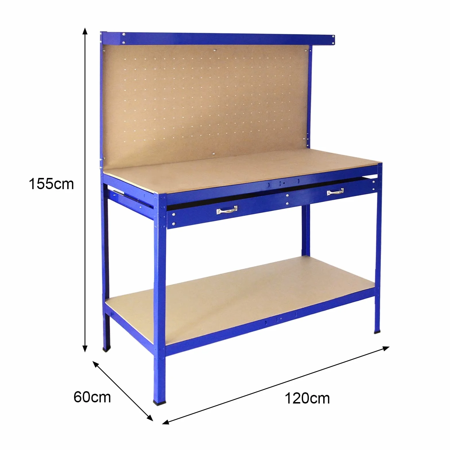 Mesa de Trabajo Metálica 155x120x60cm Banco de Trabajo Azul con Tablero de Clavijas y Cajón Capacidad 200kg Almacenamiento Herramientas Taller Garaje