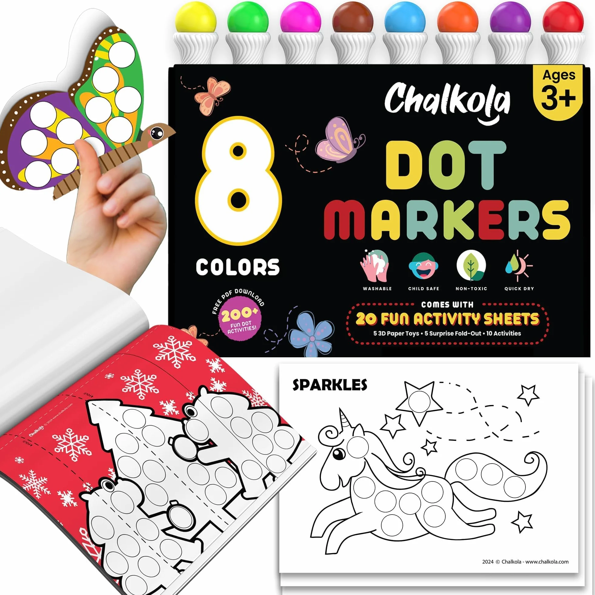 Chalkola 8 Rotuladores de Punto Lavables para Niños Pequeños – No Tóxicos, Sellos de Bingo, Marcadores de Punto con Libro de Actividades