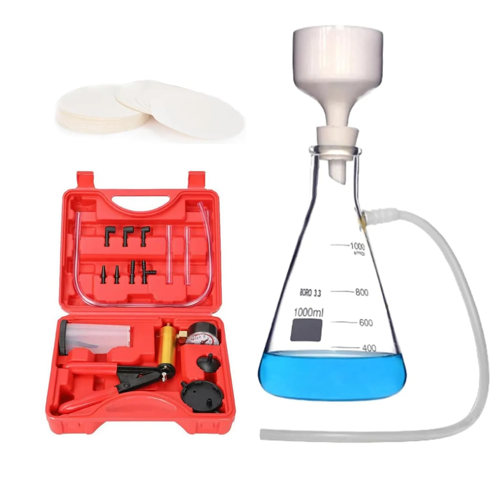 Aparato profesional de filtración al vacío: bomba metálica y botella de filtro, embudo Büchner de porcelana for laboratorio, pruebas e I+D.(1000ML)
