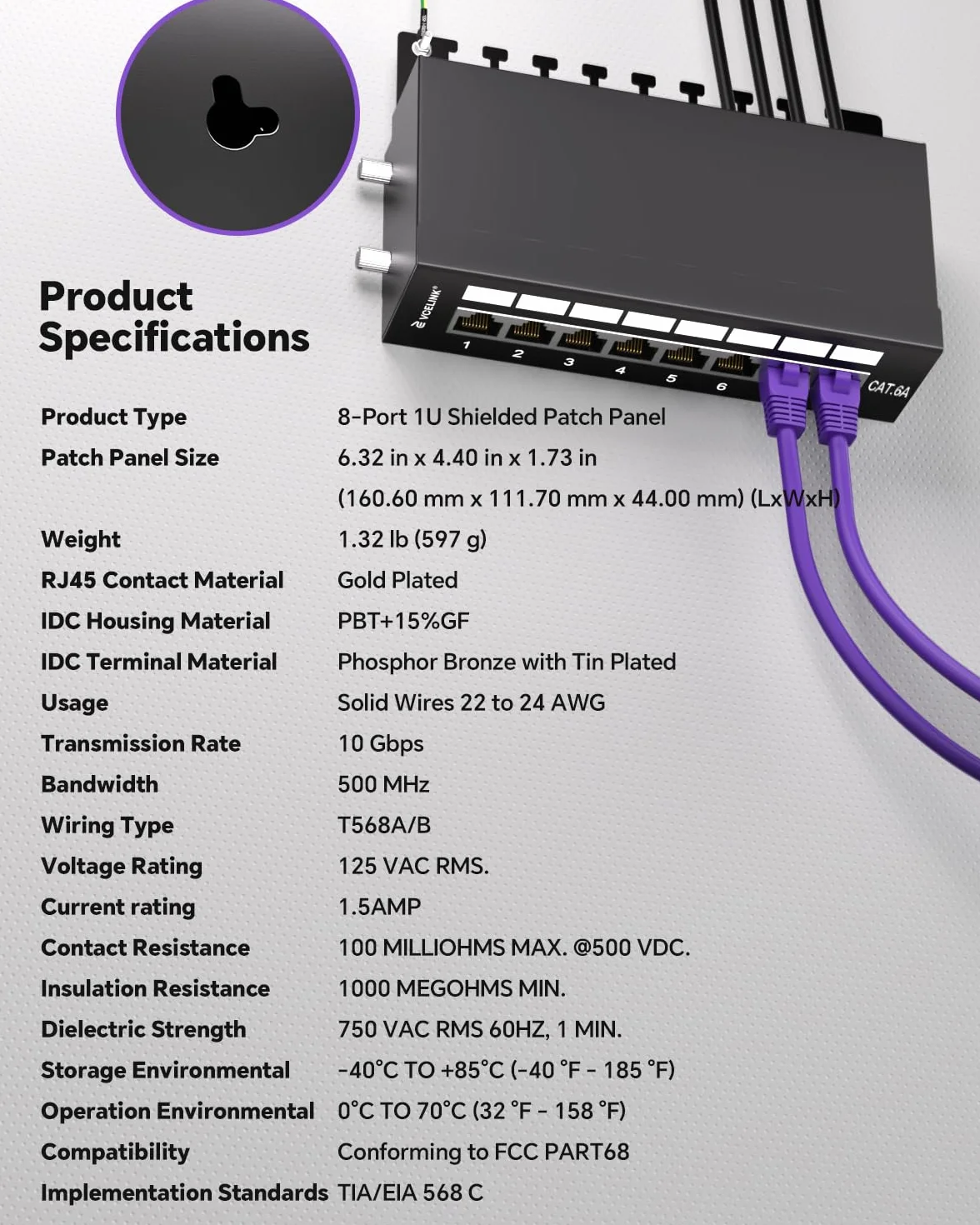VCELINK Panel de conexiones CAT6A de 8 puertos blindado 10 Gbit/s RJ45 para montaje en rack