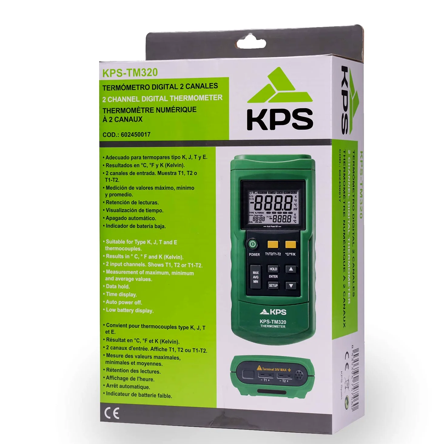 KPS-TM320 Termómetro Digital 2 Canales Compatible con Termopar J, K, T, E, R, S y N con Registro de Datos y Medidas en ºC ºF o Kelvin
