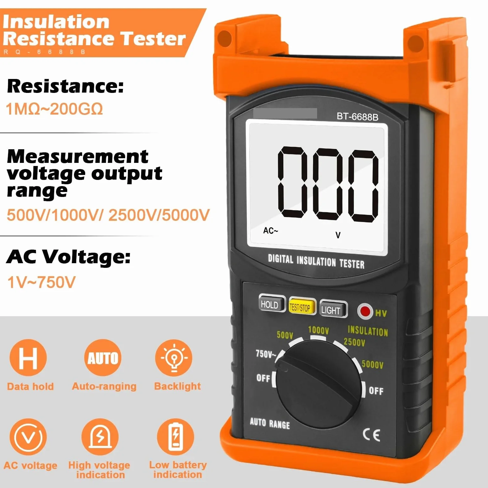 Analizador de Redes Eléctricas, BTMETER Probador de resistencia aislamiento digital portátil, rango voltaje hasta 5000 V, herramienta megóhmetro dieléctrico BT-6688B