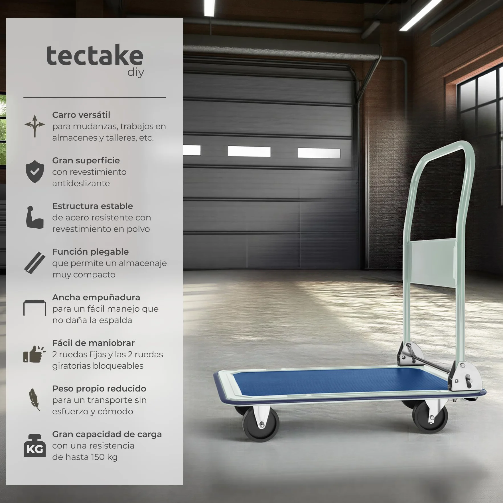 Tectake Carretilla Plegable de Mano 150 Kilos, Carro Transporte con 2 Ruedas Fijas y 2 Giratorias, 73x47x83 cm