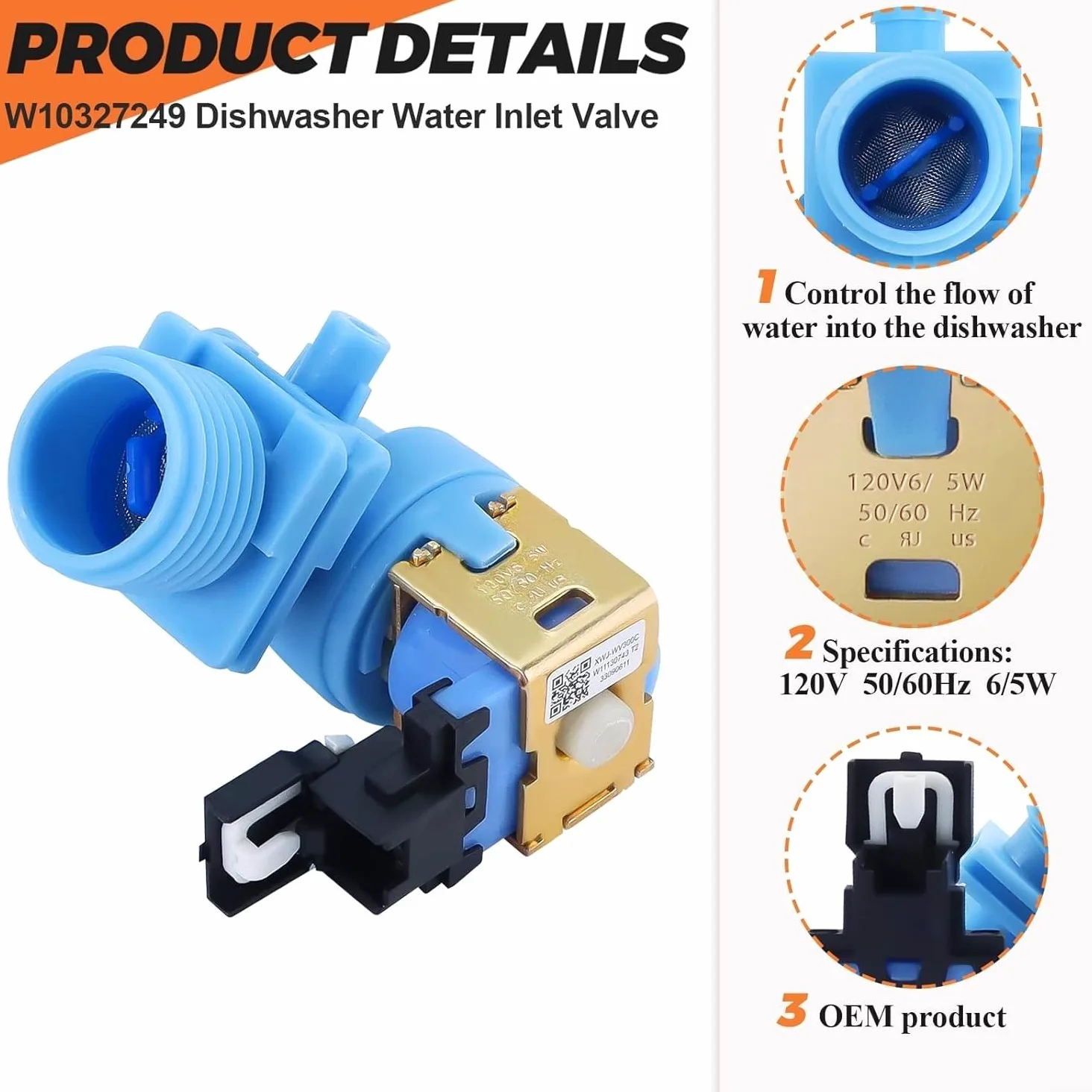 Válvula de entrada de lavavajillas de repuesto, válvula de llenado de entrada inferior, control de agua solenoide para lavadoras, funcionamiento silencioso, material ABS, ajuste estándar del Reino