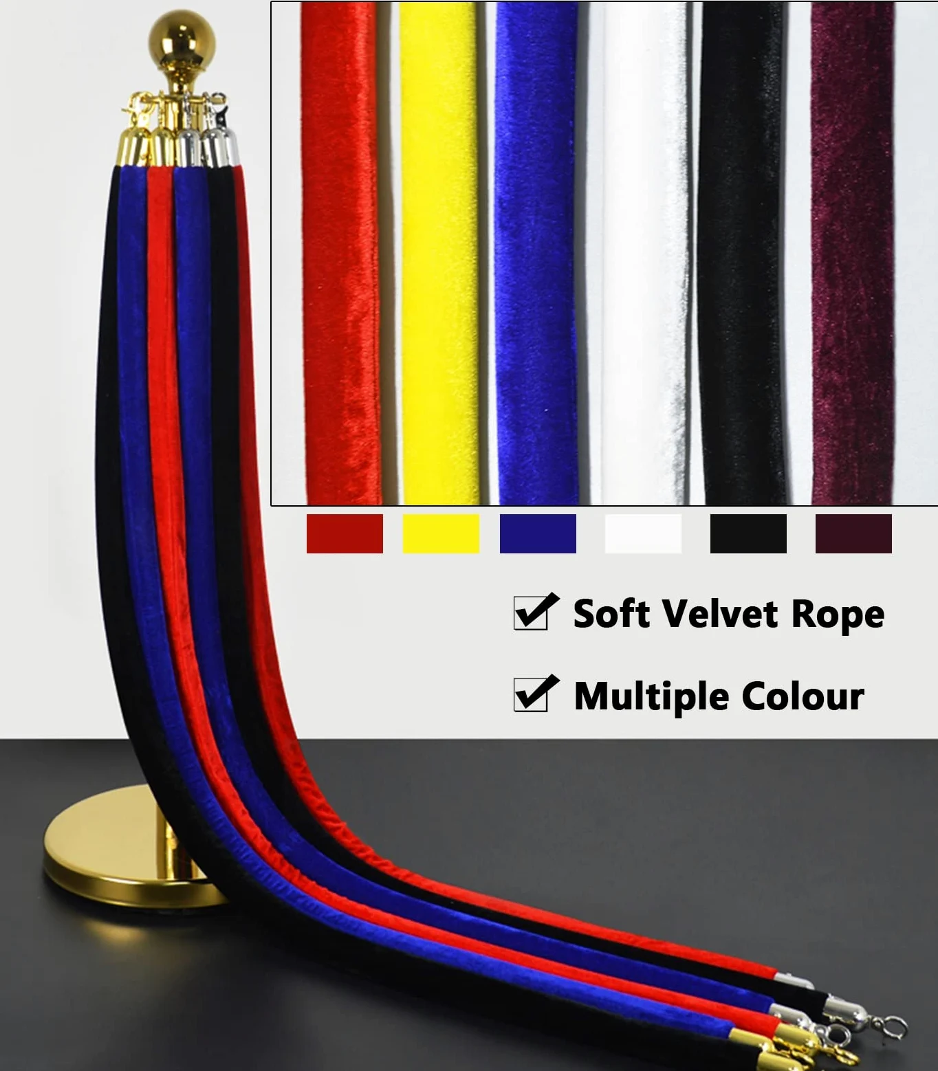 Paquete de 2 soportes de cuerda de terciopelo, barrera de control de multitudes de 10 pies, línea de cola roja y negra con postes resistentes para eventos, entradas y fiestas, cordones de terciopelo