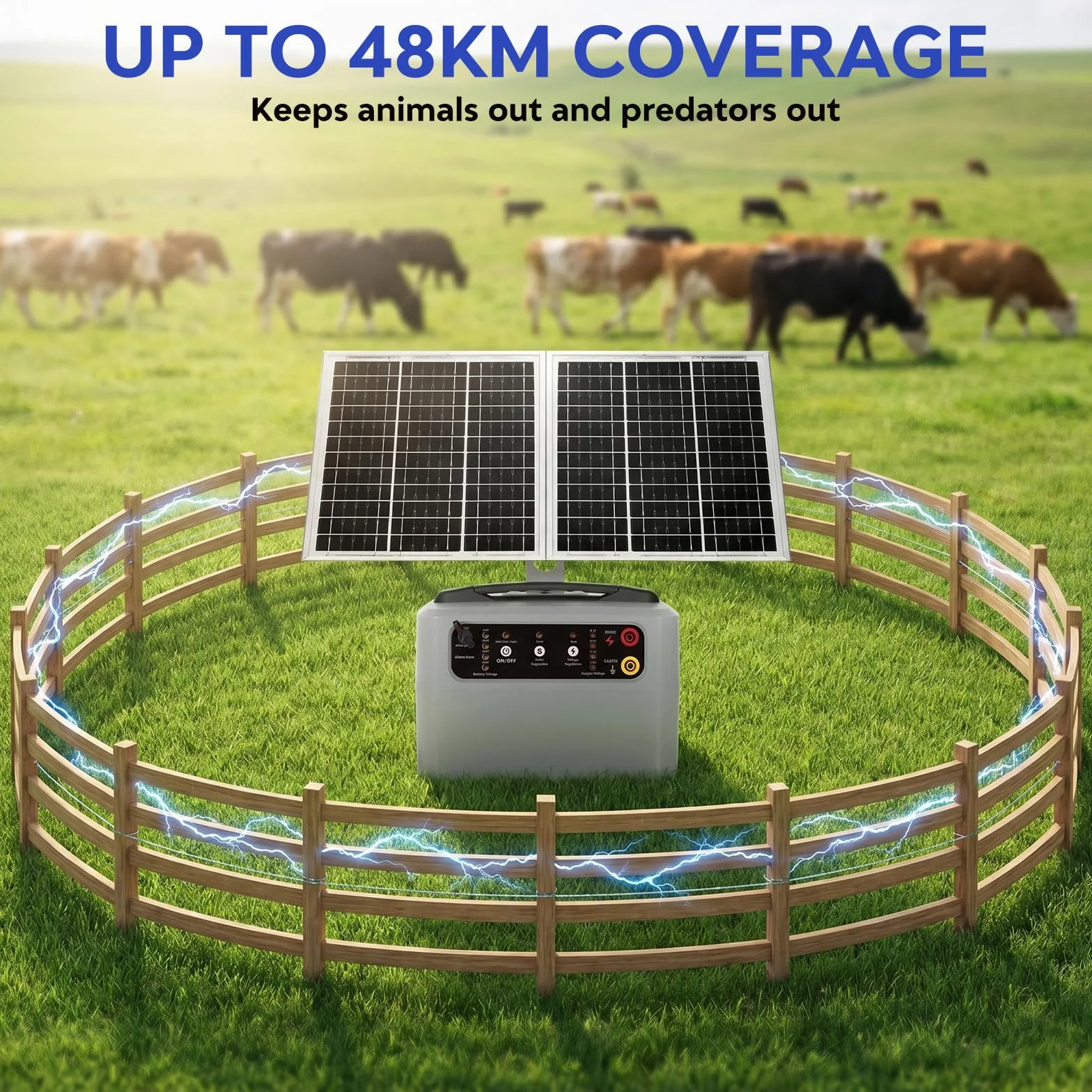 48 KM Pastor Electrico Solar, 0,3 J-1,5 J, 6 KV-12 KV Cerca Eléctrica Controlador con Panel Solar de 15 W, con Batería de Plomo-ácido Integrada de 12 V y 7 Ah, Apto para Ganado Ganado, Vacas(Gris)