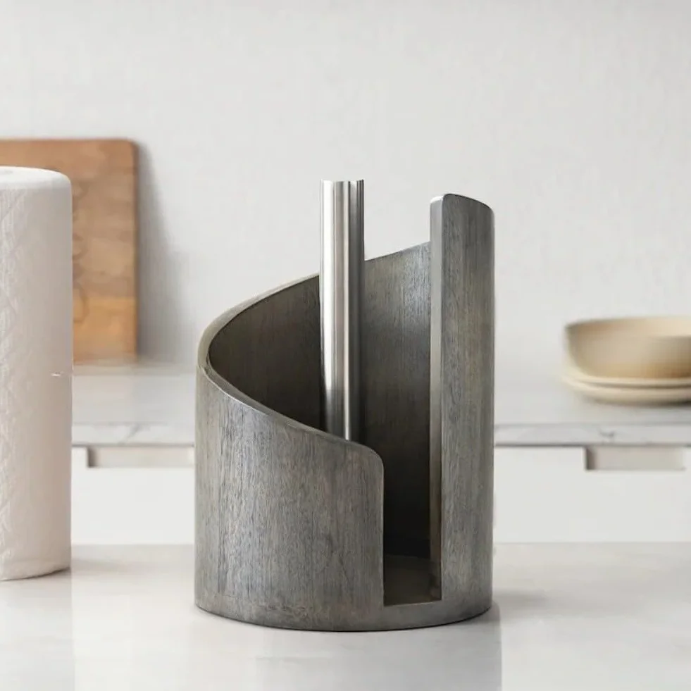 Soporte vertical para toallas de papel encimera base madera barra metal