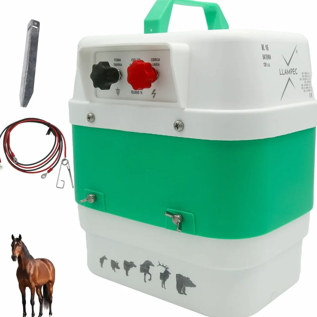 Pastor eléctrico Llampec Mod.16 con batería 12V – 4 J, 9.500 V y 40 km de alcance – Ideal para ganado equino, vacuno, porcino, ovino y animales salvajes – Batería y panel solar no incluidos