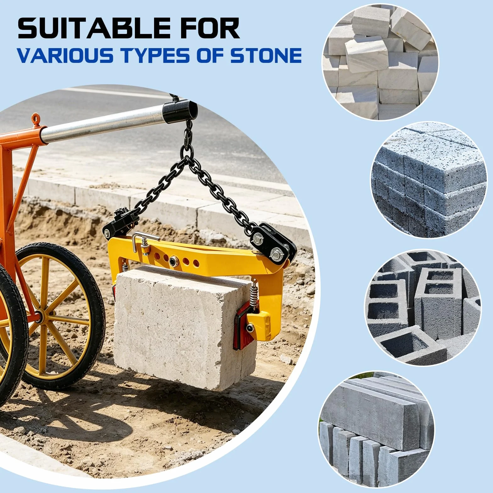 Pinza para Piedras con Cadena, Alicates de Desplazamiento | Capacidad de Carga 350 kg, Gato de Piedra, Diámetro de Apertura Ajustable 27-50 cm