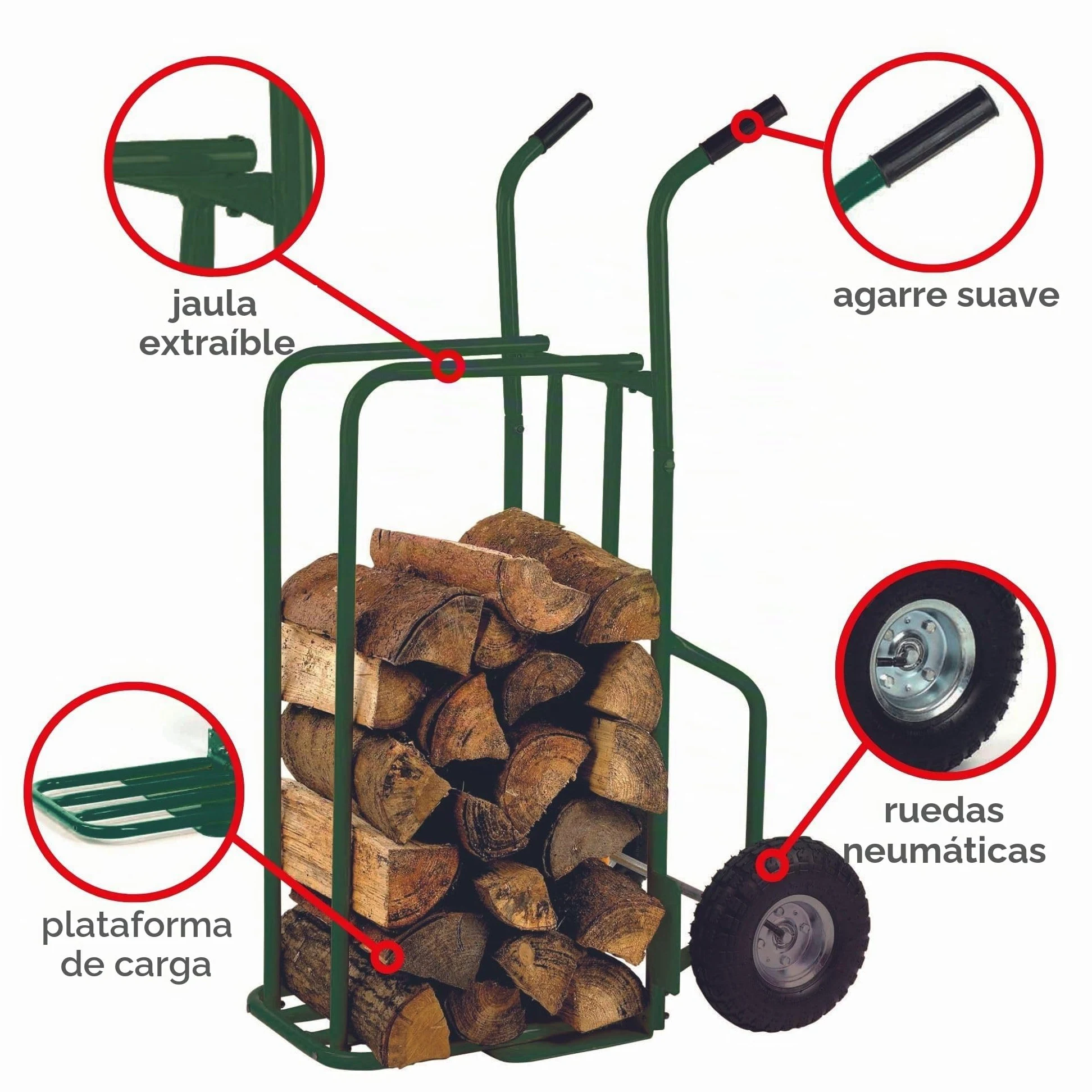 Toolland Carrito para leña Verde con Ruedas neumáticas, Marco de Acero, Carga máx. 250 kg, 3 Posiciones, Asas softgrip, Ideal para Transportar y apilar leña