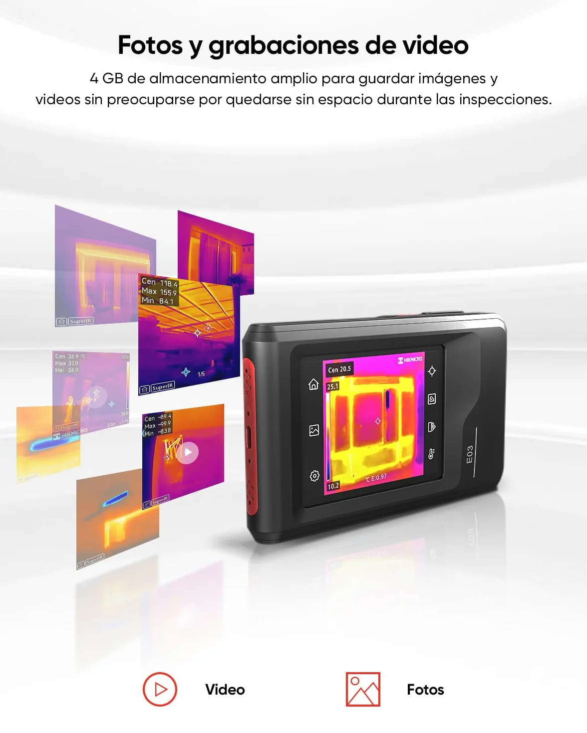 Cámara termográfica compacta HIKMICRO E03 de bolsillo, resolución SuperIR de 240 x 240 con cámara óptica, resolución IR de 96 x 96/9216 píxeles, 25 Hz y con pantalla táctil de 3,5", IP54,-20 ℃ a 350 ℃