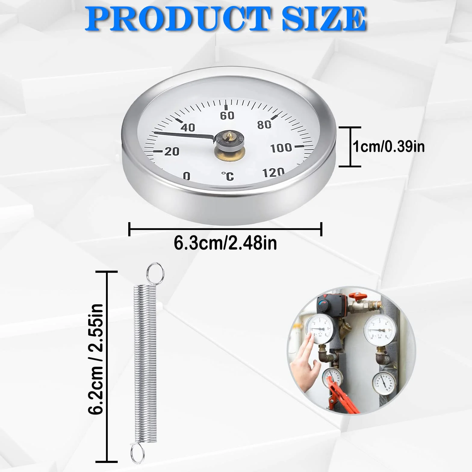 Termómetro Tubo Clip-On 0-120°C 63mm, Indicador de Temperatura con Resorte