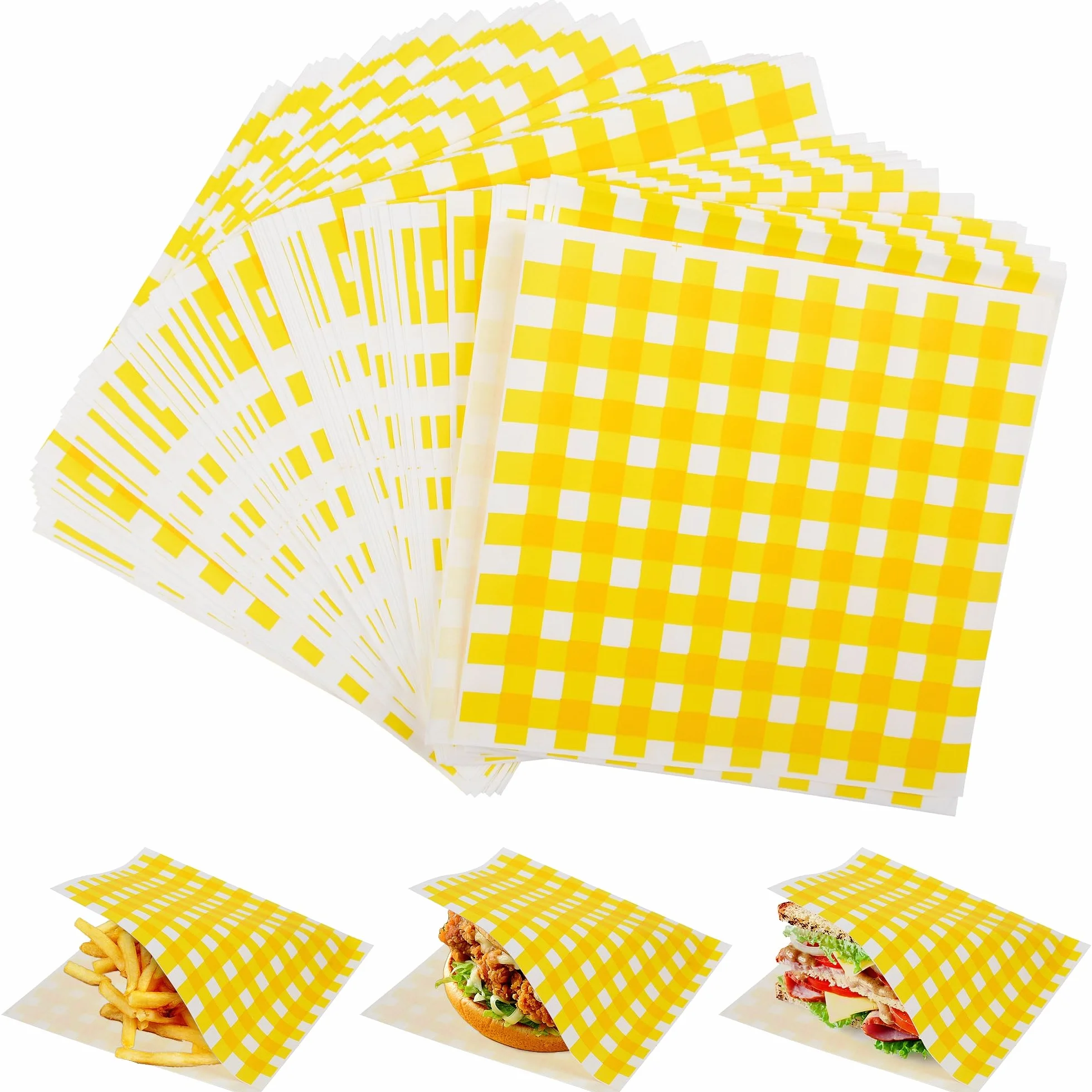 Papel Hamburguesa Antigrasa 18x18 cm Bolsa para Envolver Alimentos Hamburguesas Sándwich Patatas Fritas Patrón Cuadrícula Amarilla