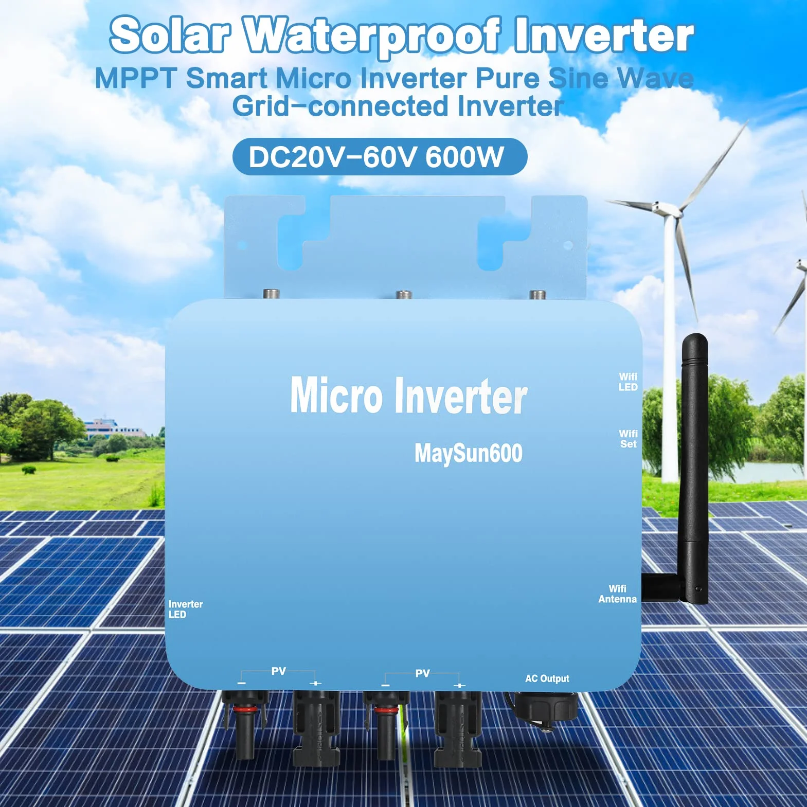DEWIN Micro Inversor, Microinversor Solar MPPT Grid Tie Inverter 600W DC20V-60V Salida de onda sinusoidal pura con función WiFi Enchufe UE 230V
