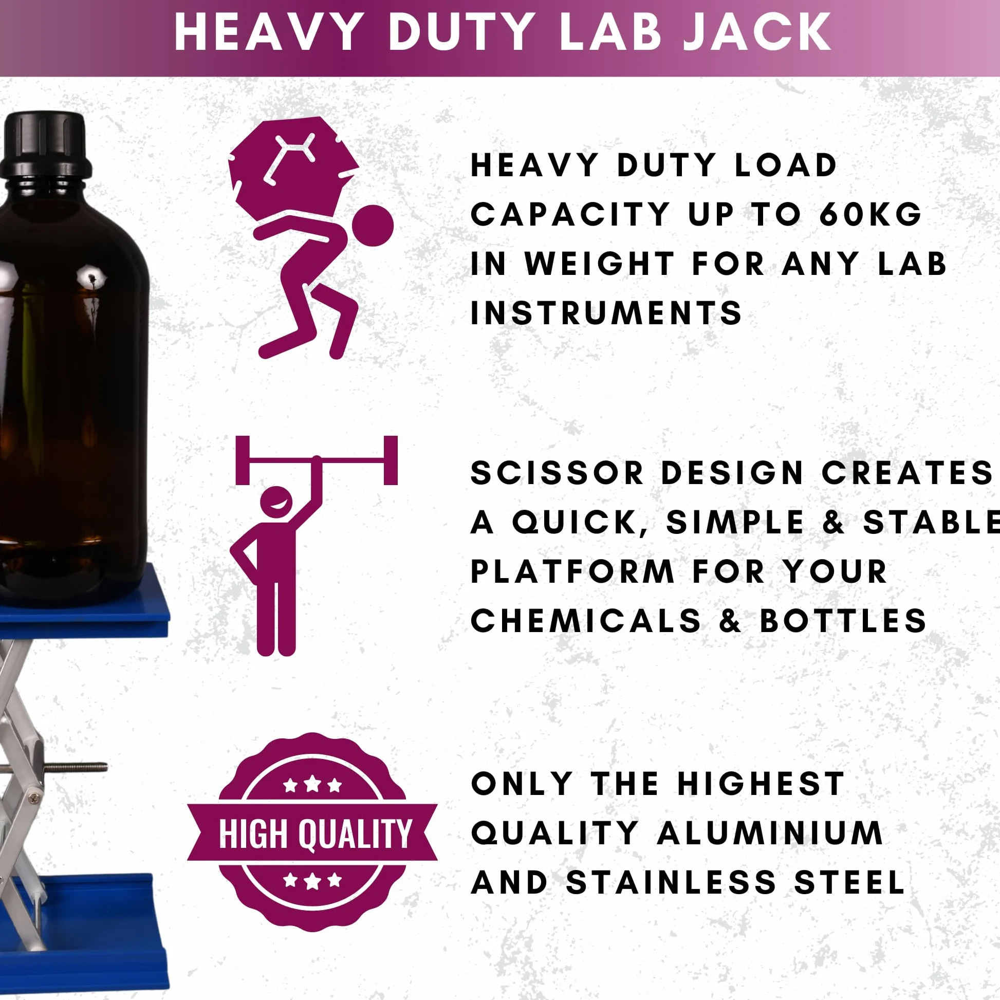 Labsales - Soporte de gato de laboratorio resistente, elevador de tijera de acero inoxidable para instrumentos de laboratorio y botellas de reactivo, perfil bajo, altura ajustable, capacidad de hasta