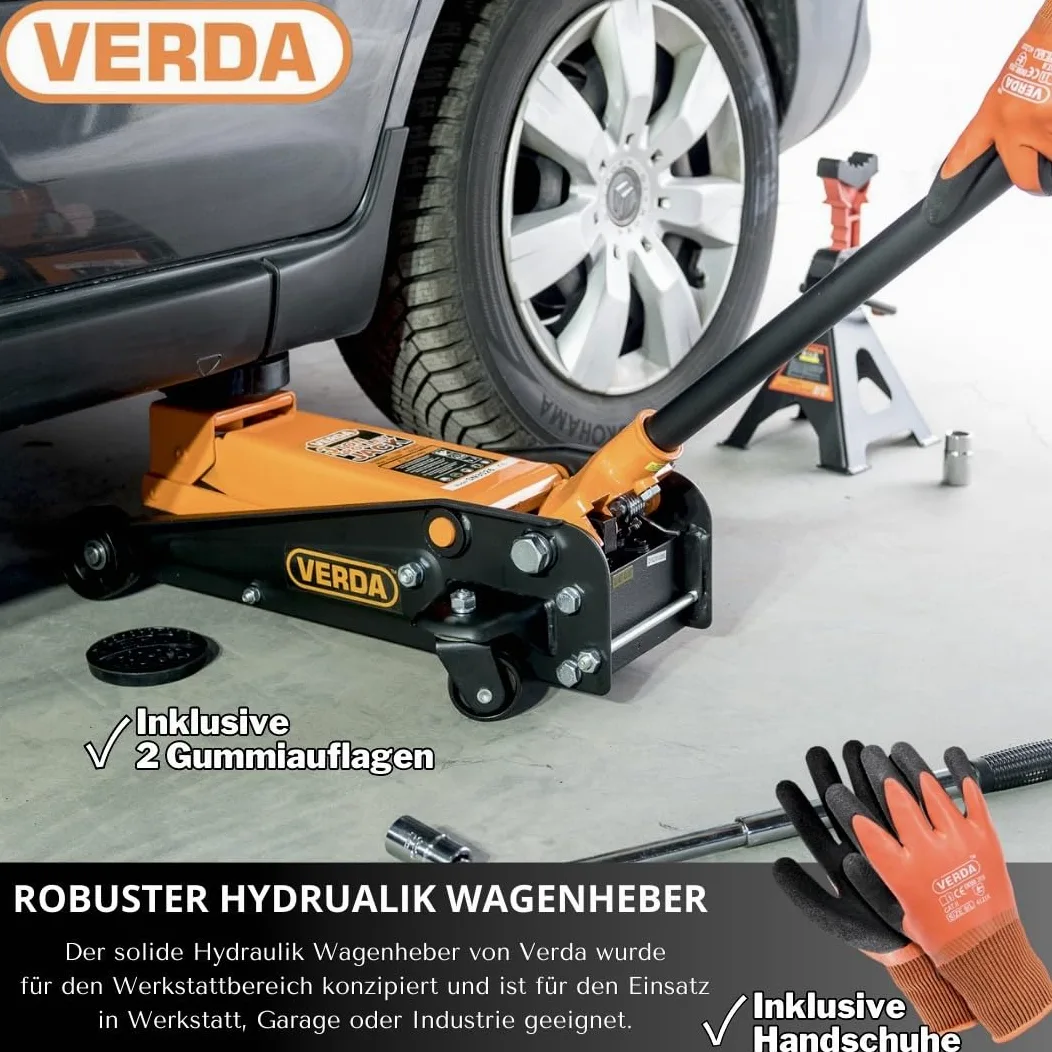 Verda Gato Hidráulico de Carretilla 3 T, Altura de Elevación 130-490 mm, Incluye 2 Almohadillas de Goma y Guantes, Gato para Coche, Turismo, Autocaravana y Todoterreno, Uso Profesional