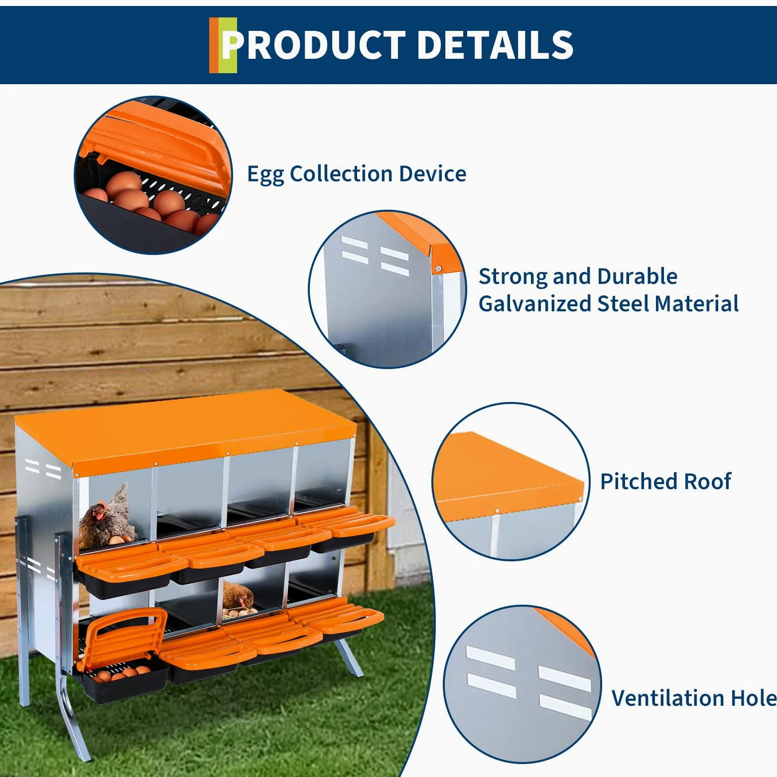 Pondero para gallinas con compartimentos – Nidera gallina de acero galvanizado Techo inclinado resistente al agua Bandeja extraíble – Espacioso espacio para gallinas ponedoras patos diferentes razas