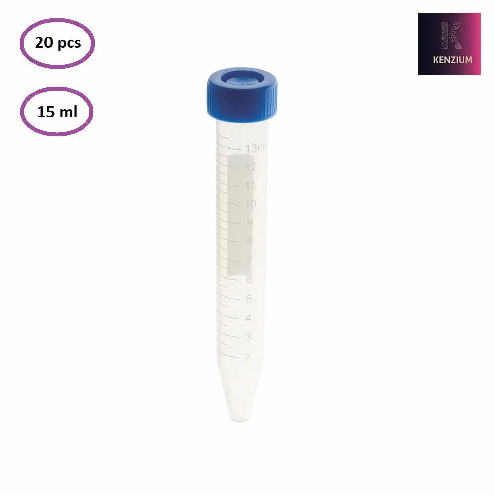KENZIUM – Pack 20 x Tubo de Centrífuga | Graduado | Con Tapón de Rosca Azul y Zona de Escritura Mate | Fondo Cónico | 15 ml | Autoclavable | Ideal para Educación y Laboratorio