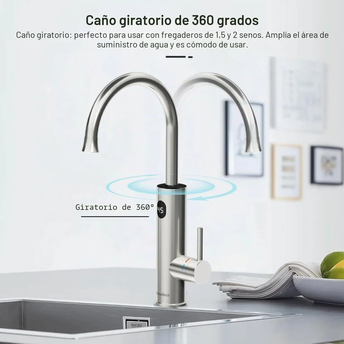 Grifo eléctrico con calentador de agua (220 V, rotación de 360° y pantalla digital, grifo de agua caliente con boquilla universal (plata)