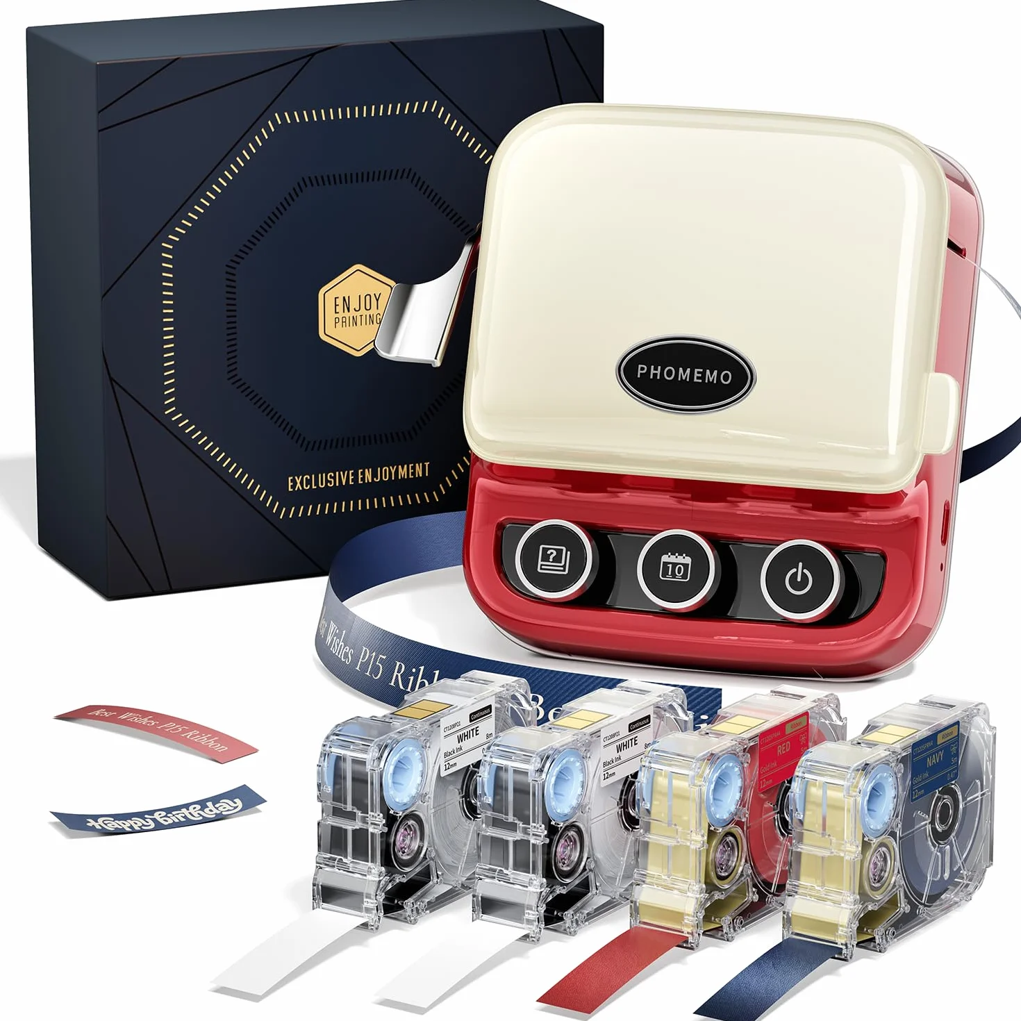 Phomemo P15 Impresora de etiquetas con cinta, etiquetador vintage con Bluetooth, mini impresora de etiquetas autoadhesivas con 4 rollos de etiquetas, rojo
