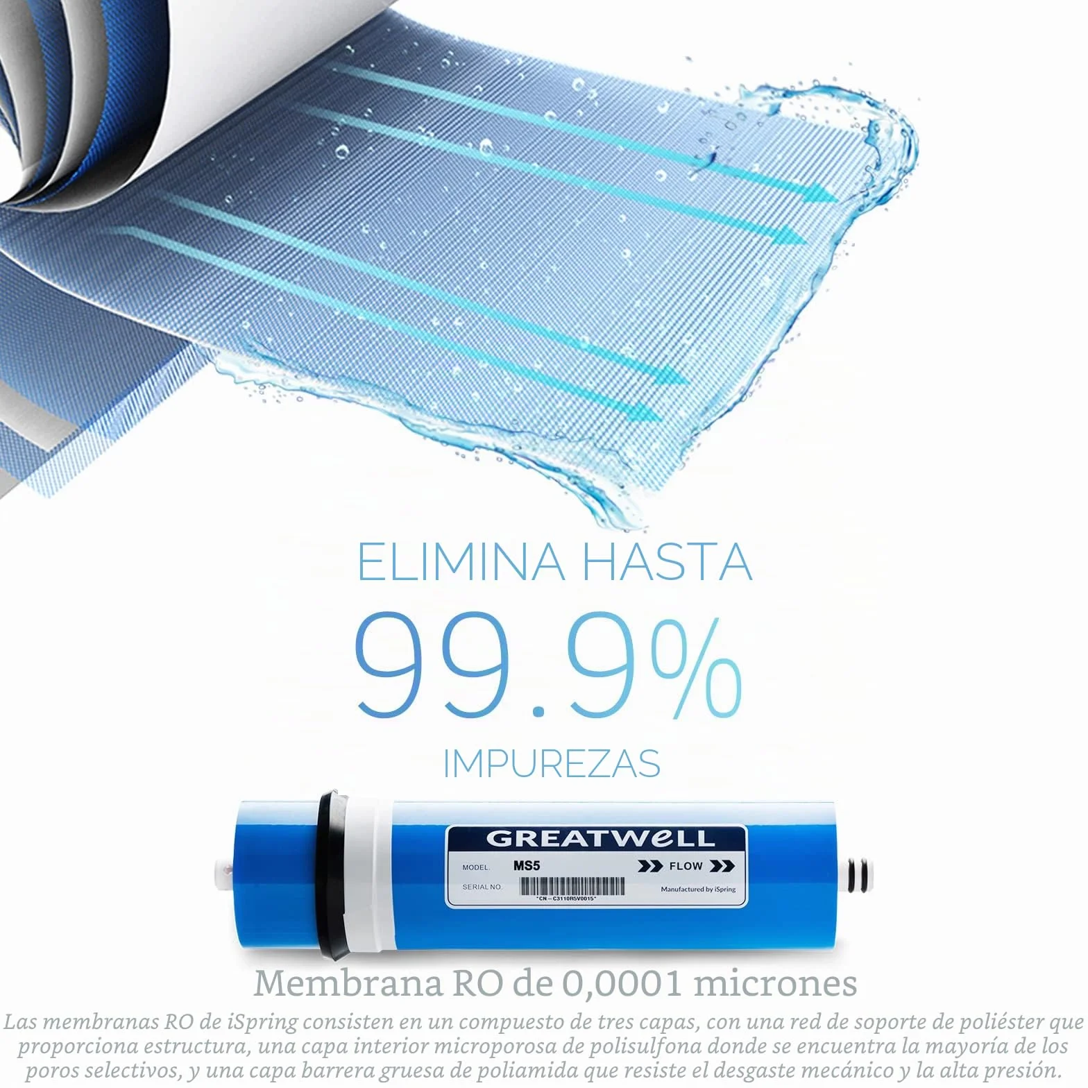 iSpring RCS5T 500 GPD Sistema de Filtro de Agua RO de Ósmosis Inversa de Grado Comercial Sin Tanque Con Relación de Drenaje 1: 1, Manómetro