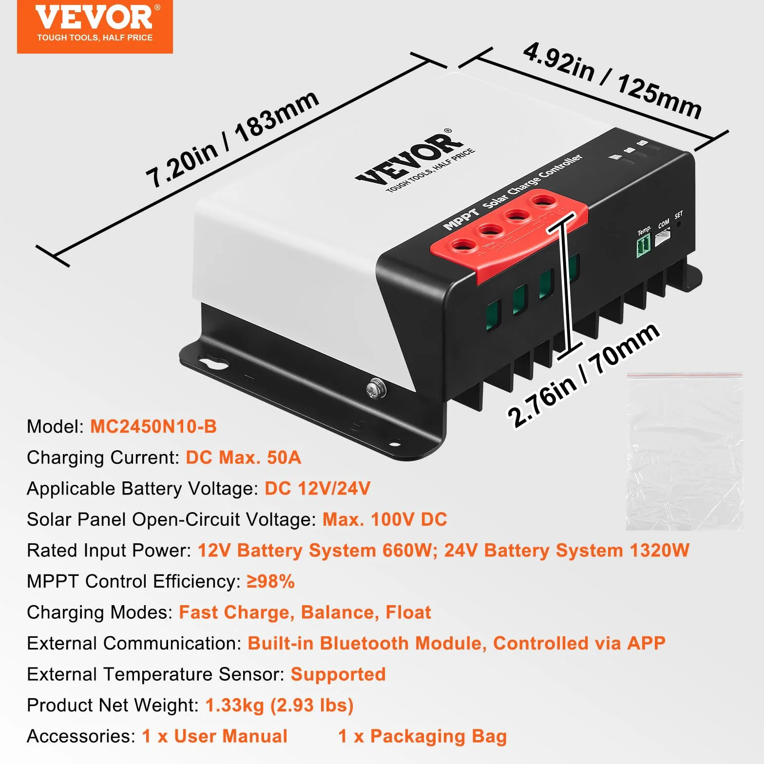 VEVOR Controlador de Carga Solar MPPT 12 V/24 V Auto CC Regulador de Carga del Panel Solar 50A Módulo Bluetooth 98% de Eficiencia de Carga para Baterías Selladas AGM, gel, Inundadas y de Litio