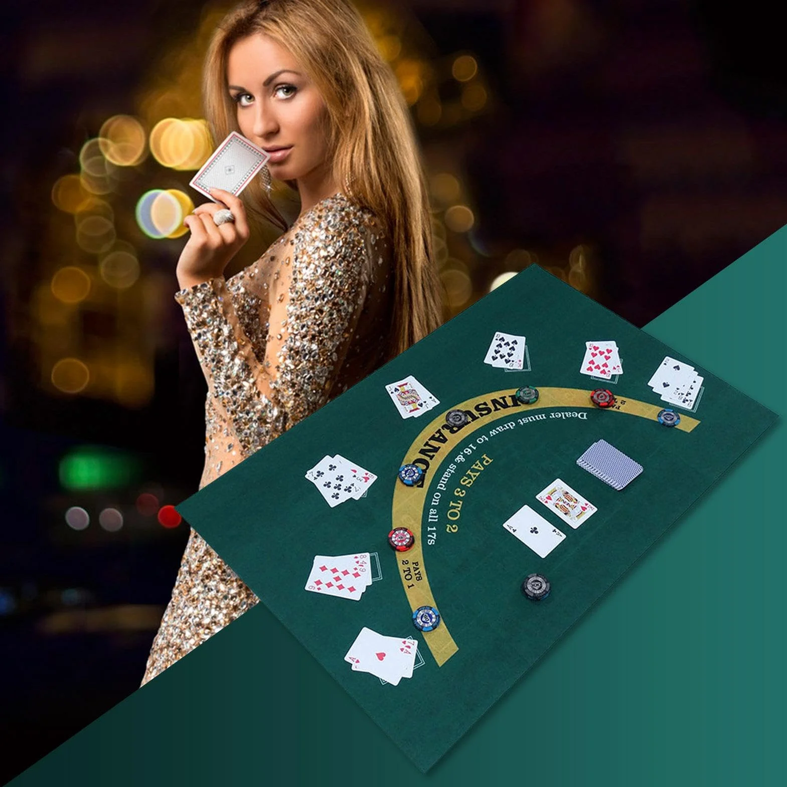 Fieltro de Mesa de Doble Cara - Tapete para Blackjack y Texas Hold 'em - Verde - Accesorio para Juegos de Cartas