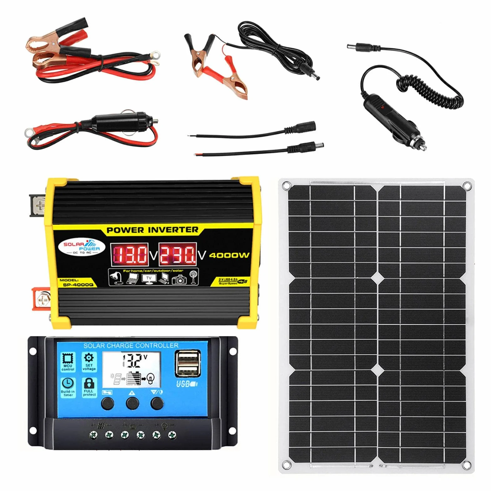 Kit de panel solar portátil, sistema de energía solar, inversor de 4000 W con 2 puertos USB, control de carga solar 30 A, indicador de pantalla LED, carga rápida para fuente de alimentación de