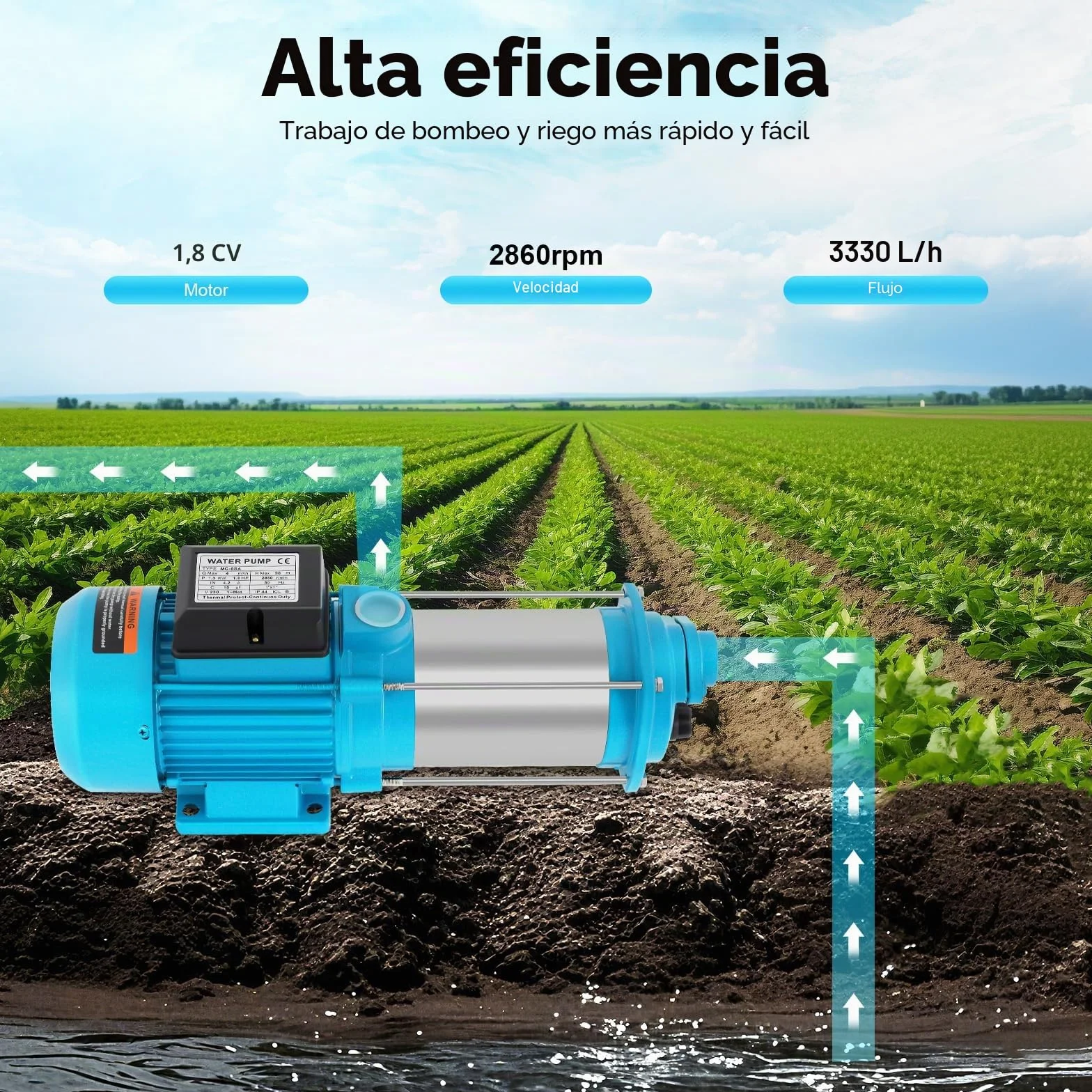 Bomba centrífuga de jardín autocebante con interruptor de presión, acero inoxidable, 1,8 CV, 4000 l/h, riego agrícola, jardín, estanques