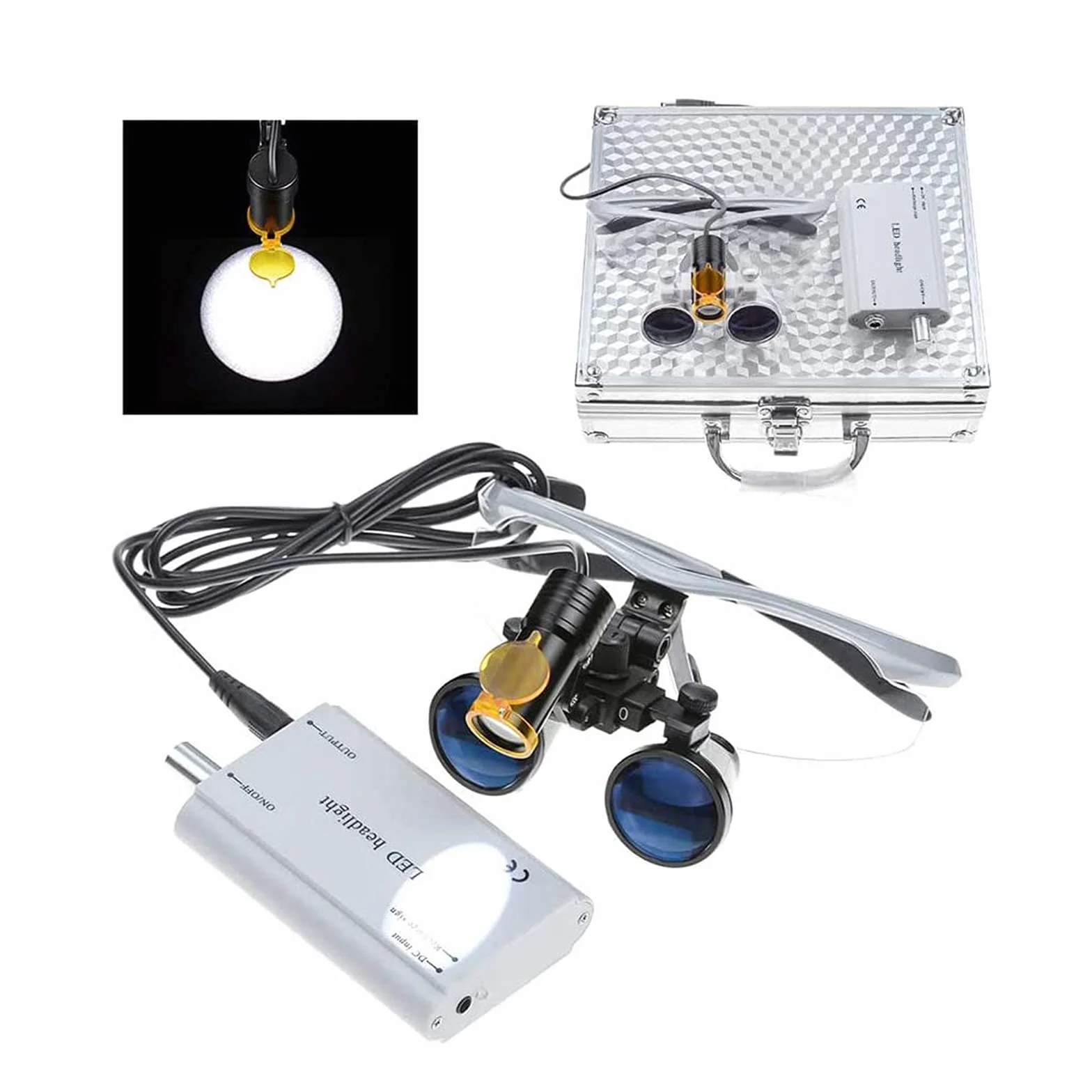 Médico Dental Lupas Quirúrgicas 2.5X 3.5X Vidrio óptico Lupa con LED Luz Cabeza Lámpara Estuche Transporte Silver