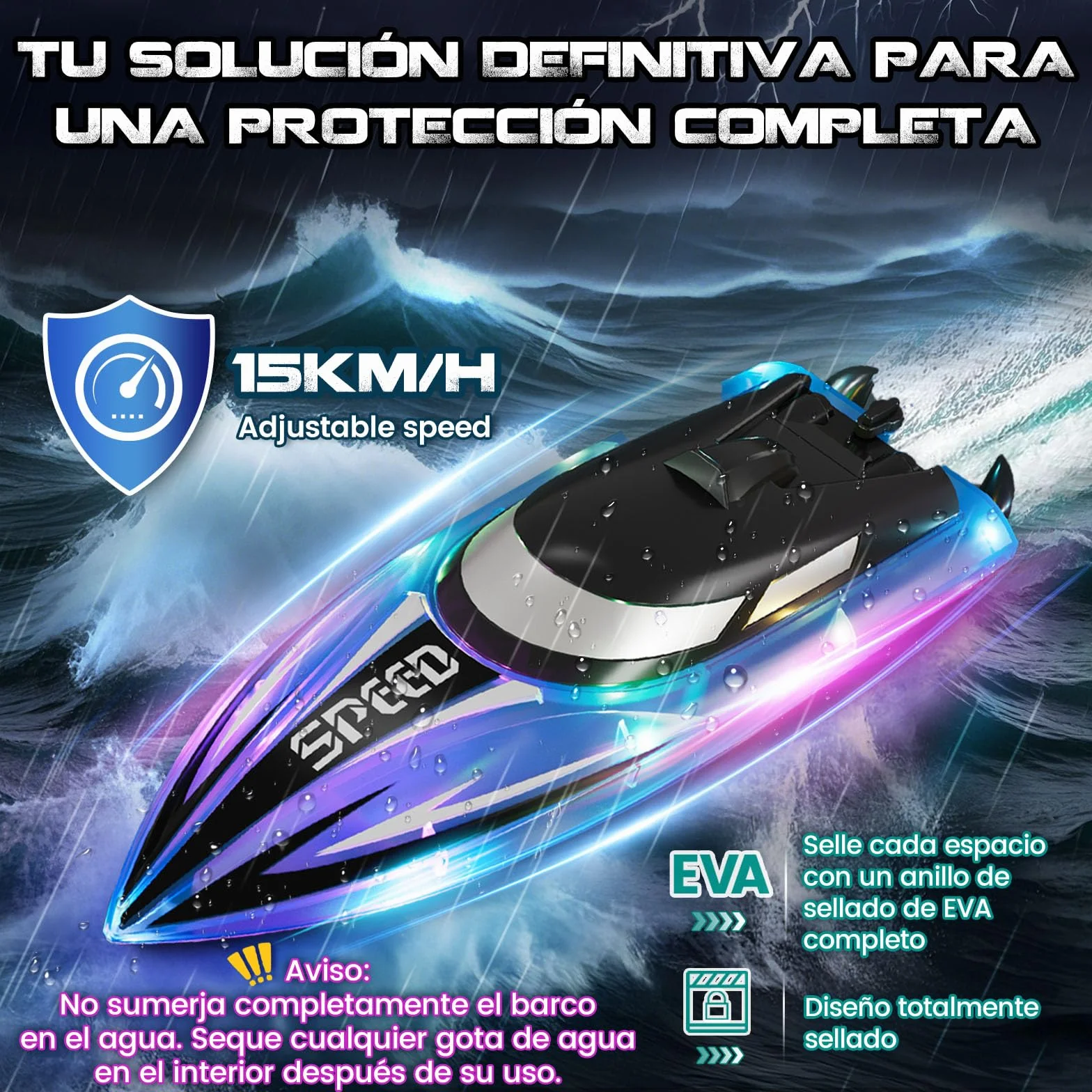 Barco Teledirigido 2.4GHz con Luces LED, Alarma de Batería Baja, 2 Piezas, RC Regalo para Niños y Adultos (Rojo + Azul)