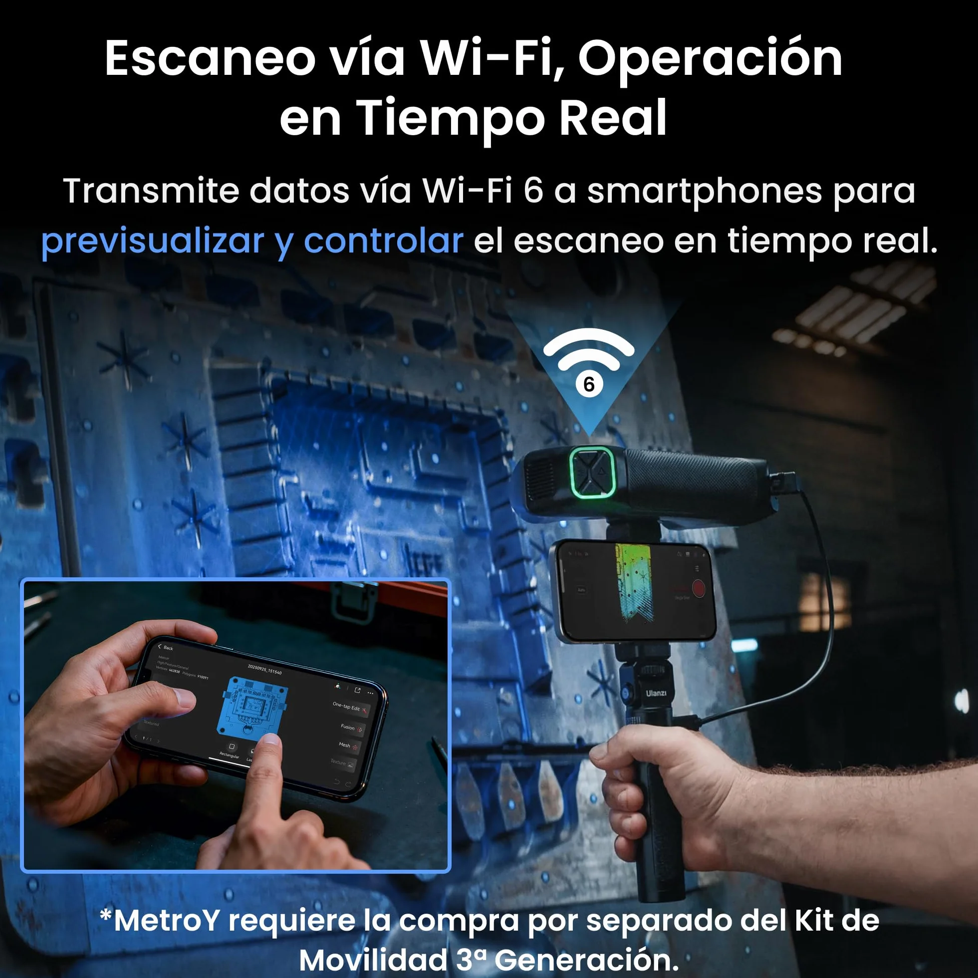 Revopoint MetroY Escáner 3D para Impresión 3D, Precisión hasta 0,01 mm, Escáner Industrial de Mano con Láser Azul 30+15+1, Pantalla Compartida, para Modelado y Medición 3D Industrial