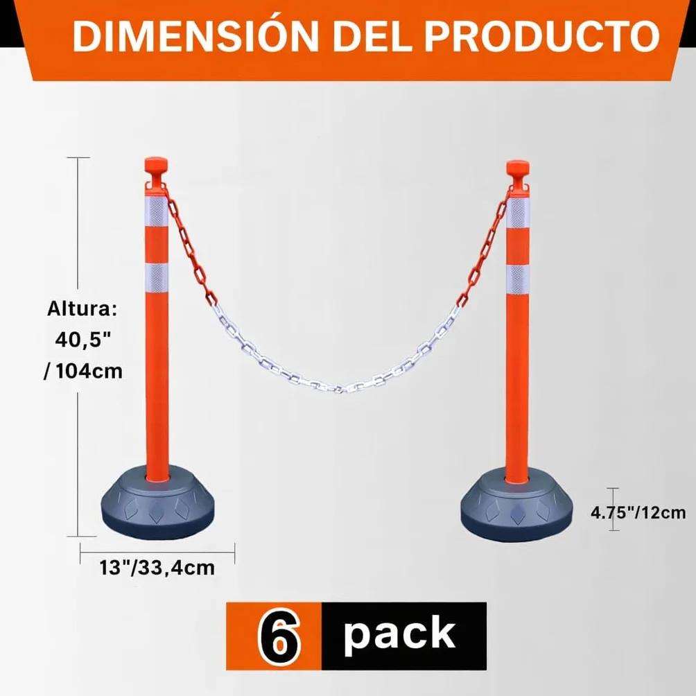 Juego de 6 Postes de Control de Multitudes de 102 cm con Cadenas de Plástico y Base Rellenable para Control de Estacionamiento y Multitudes (Rojo y blanco)