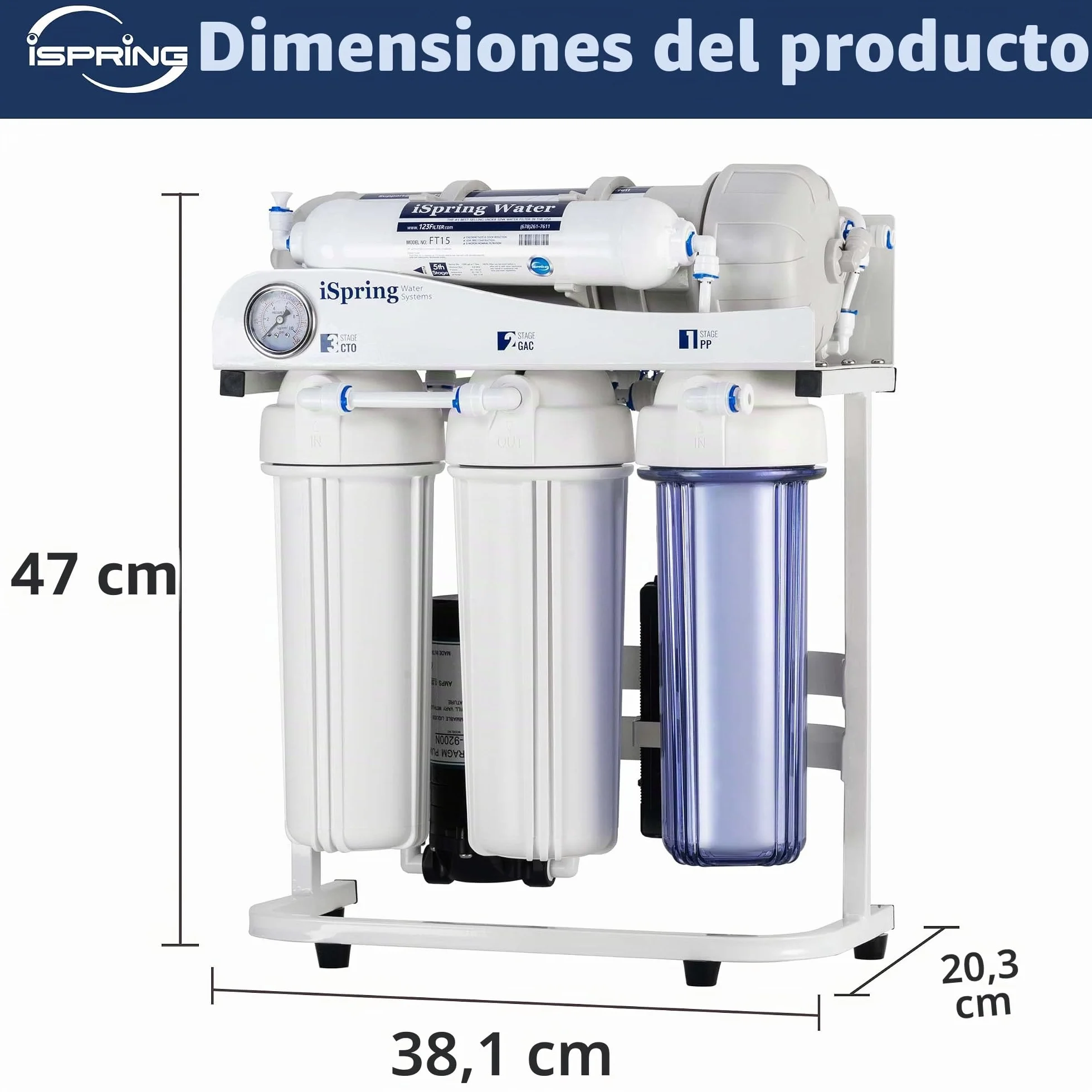 iSpring RCS5T 500 GPD Sistema de Filtro de Agua RO de Ósmosis Inversa de Grado Comercial Sin Tanque Con Relación de Drenaje 1: 1, Manómetro