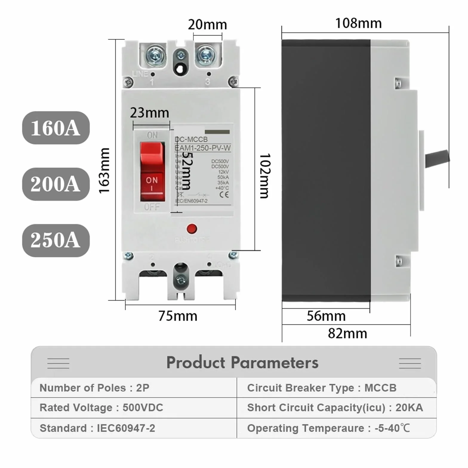 DC 250V 500V DC Solar Molded Case Circuit Breaker MCCB Overload Protection Switch Protector for Solar Photovoltaic PV 100A 125A(2P,160A)