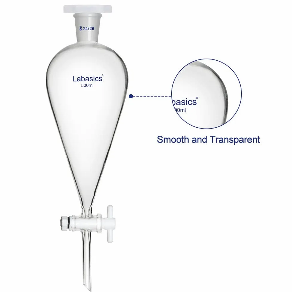 Labasics Vidrio Borosilicato 500 ml Embudo Separador Cónico de Pared Pesada con Juntas 24/29 y Llave de Paso de PTFE