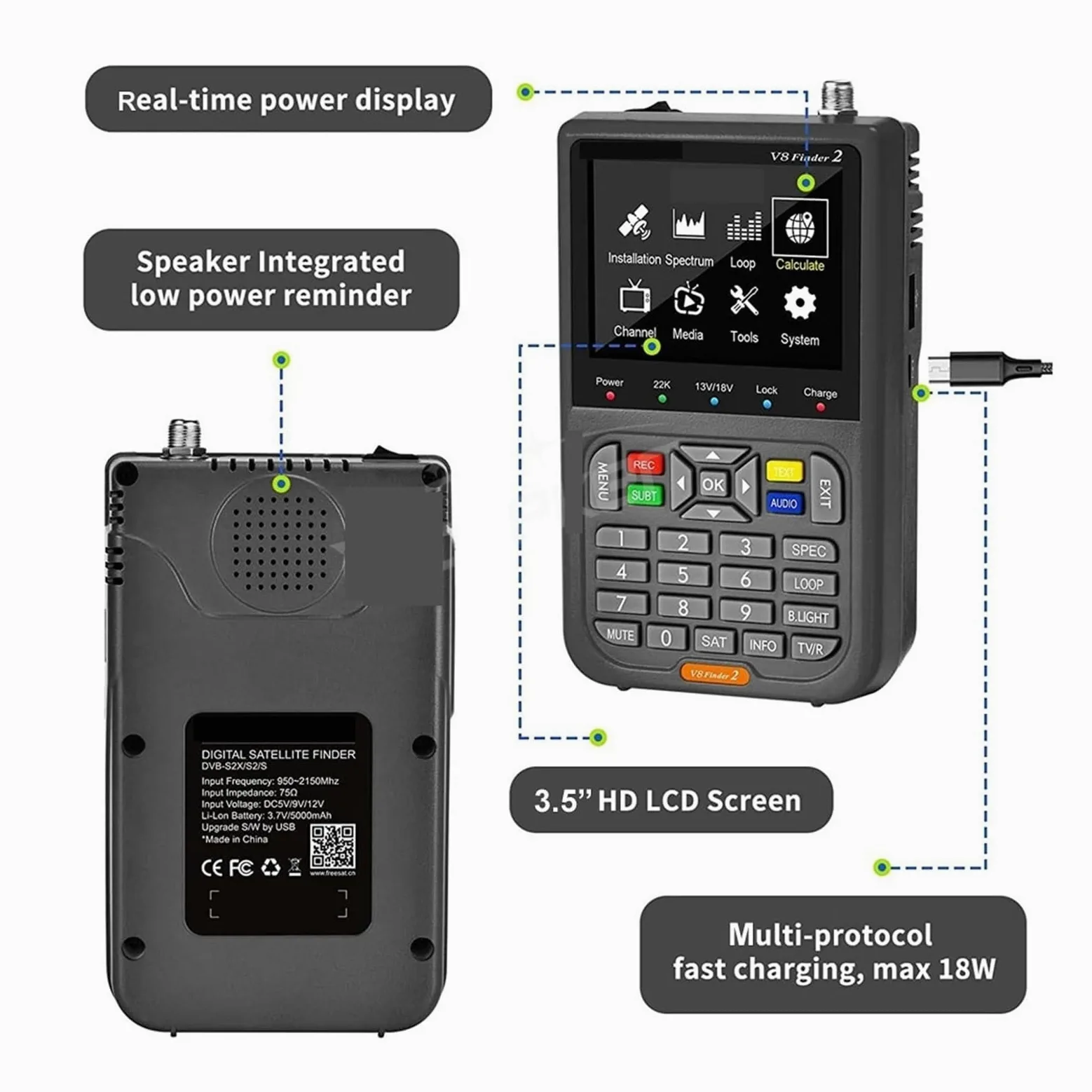 V8 Finder2 Medidor de satélite DVB-S2 Buscador de satélite Satfinder Detector de señal DVB-S/ S2/ S2X | FD2 Black With Bag